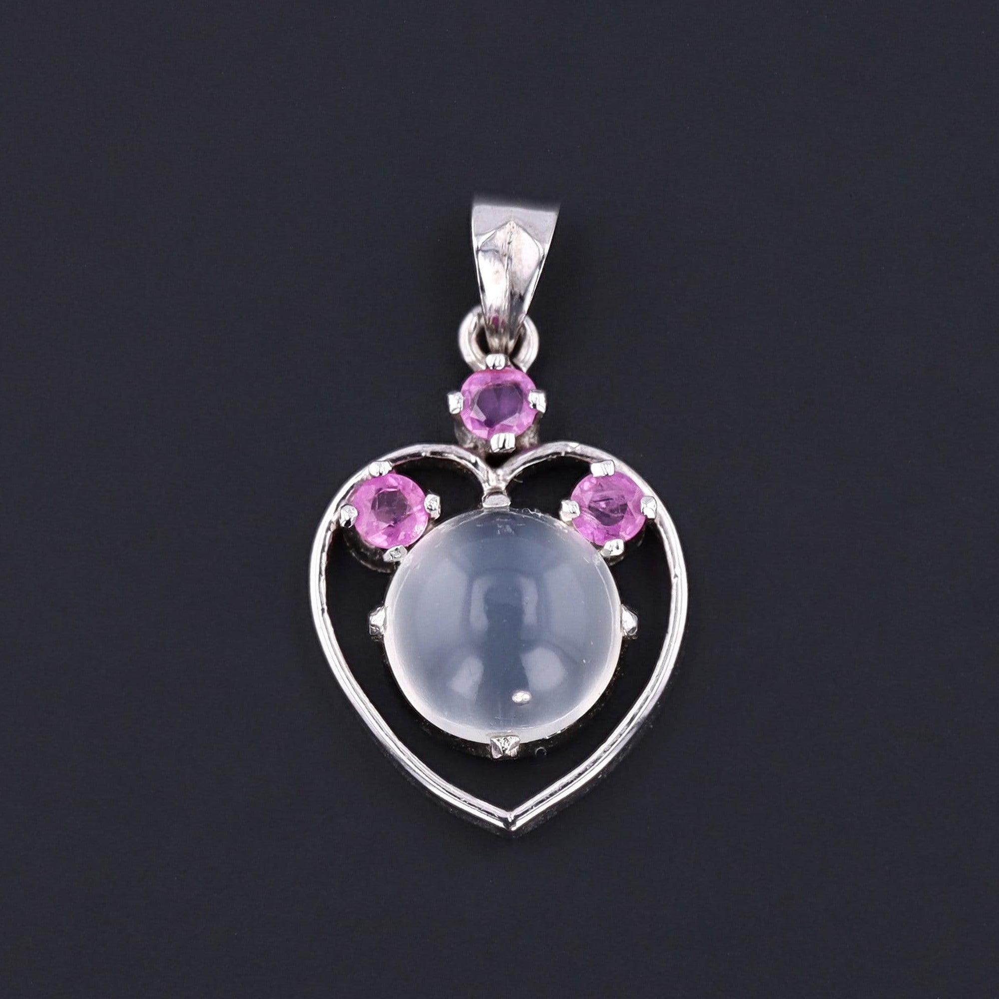 Vintage Moonstone and Ruby Heart Pendant of Silver