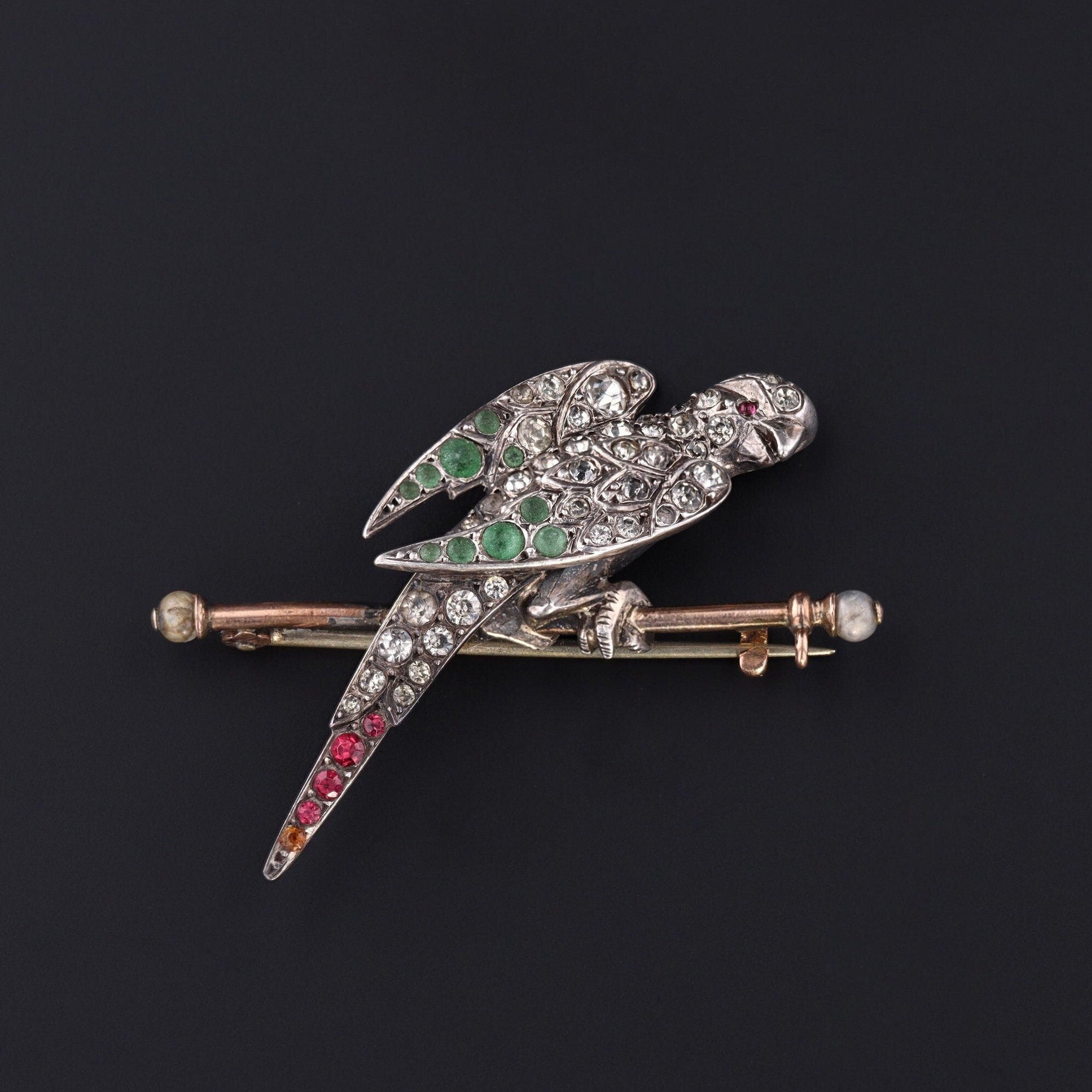 Antique Parrot Brooch with Paste Accents in Silver