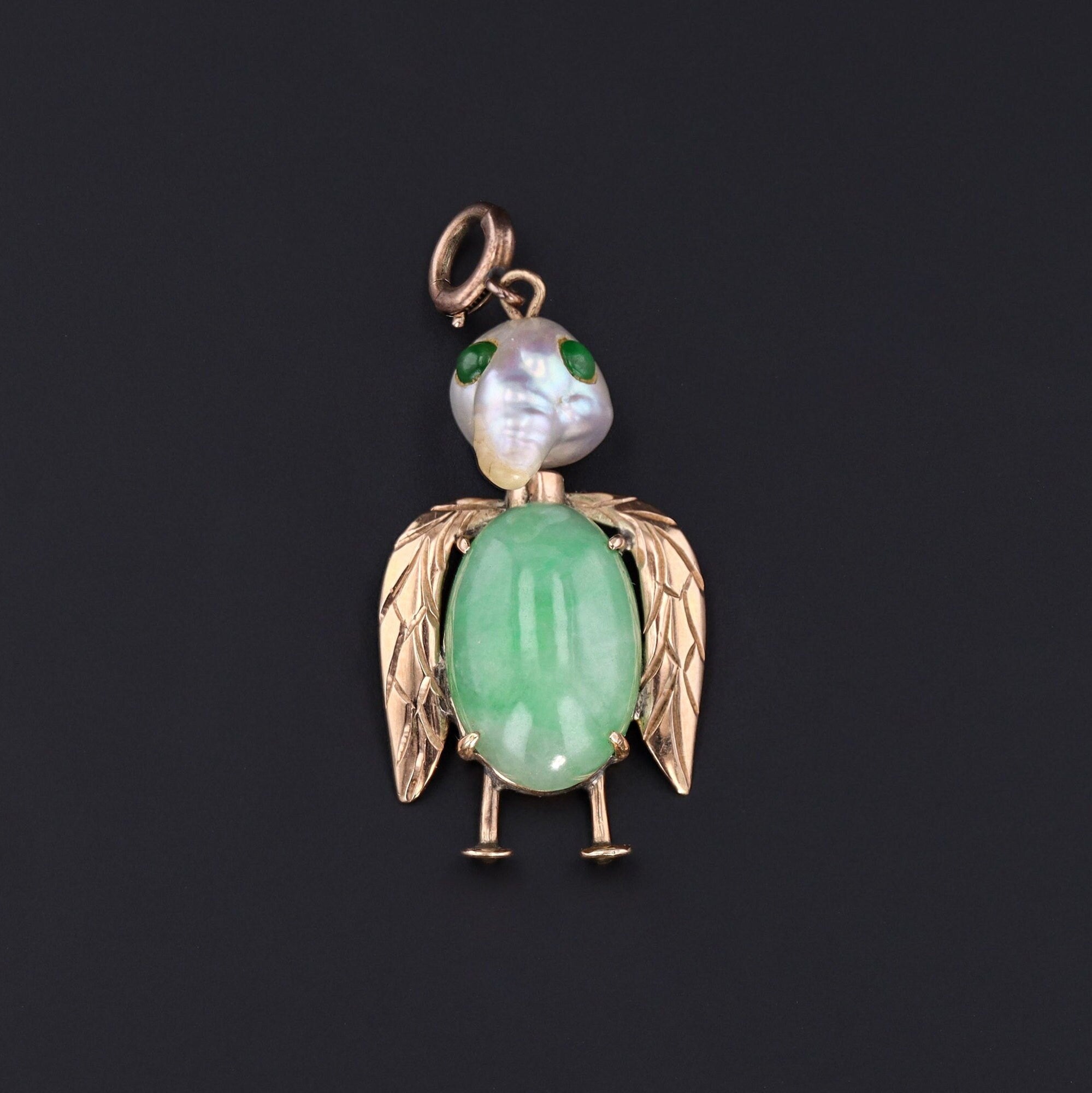 Vintage Jade and Pearl Bird Pendant of 14k Gold