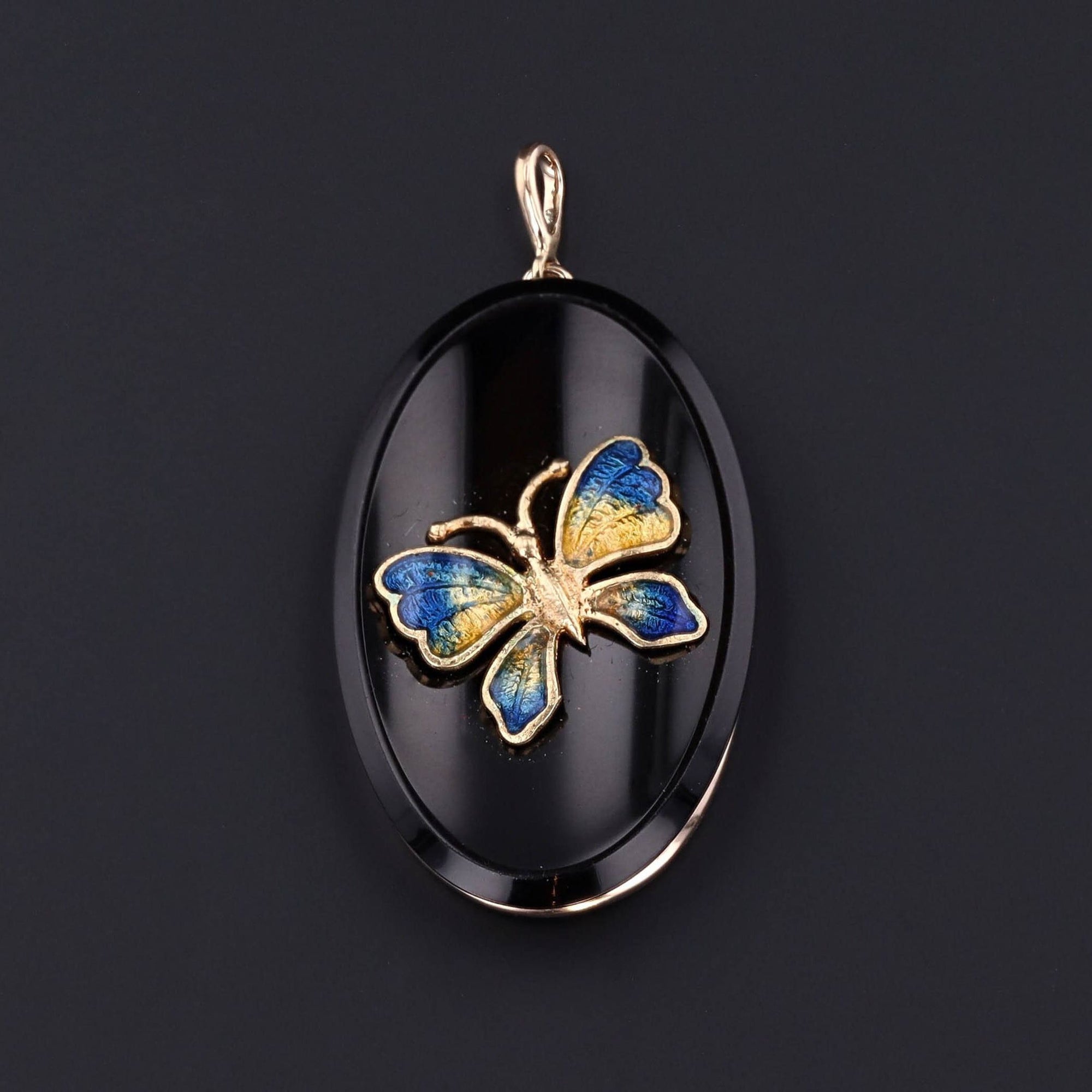 Antique Enamel Butterfly on Onyx Pendant of 14k Gold