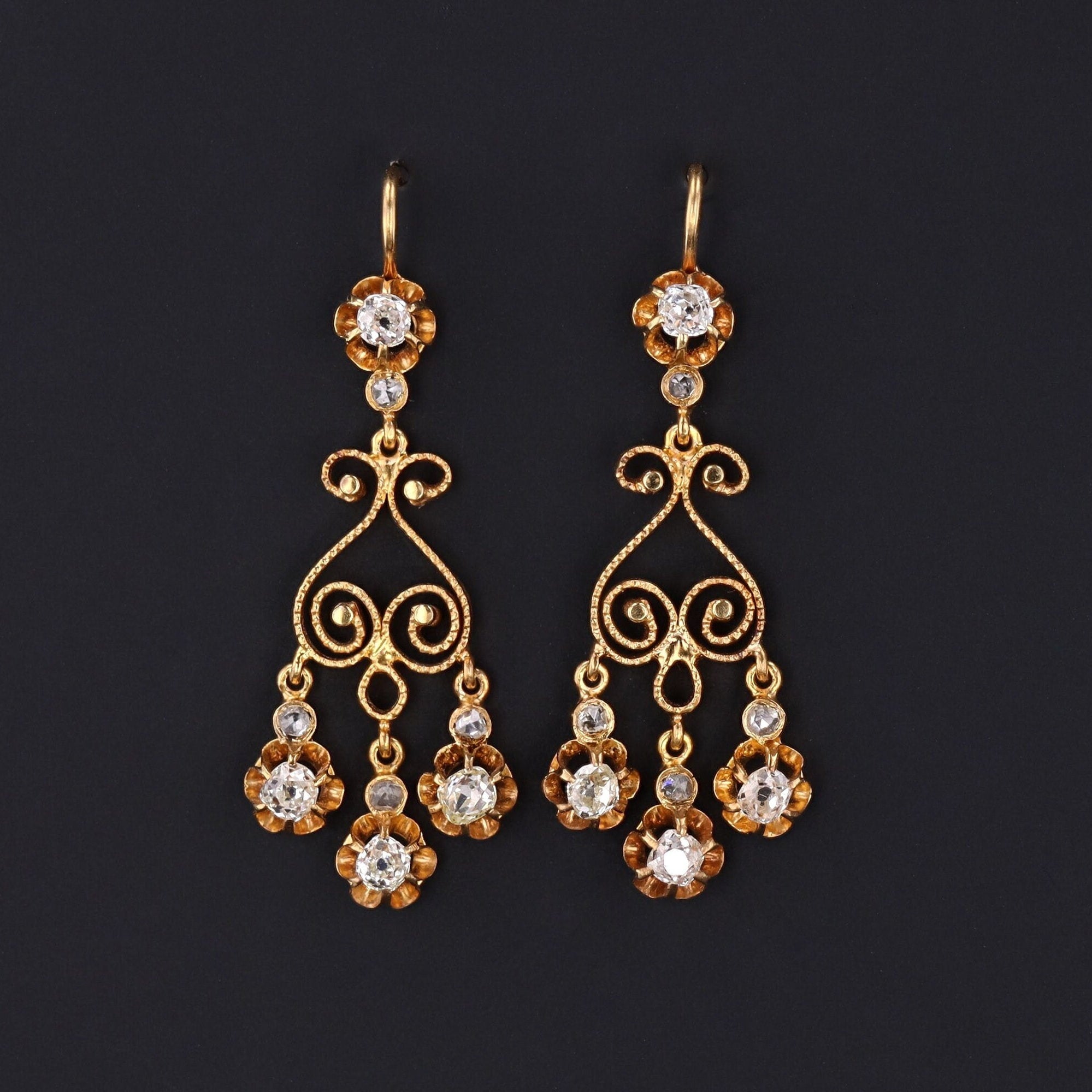 Antique Diamond Chandelier Earrings of 14k Gold