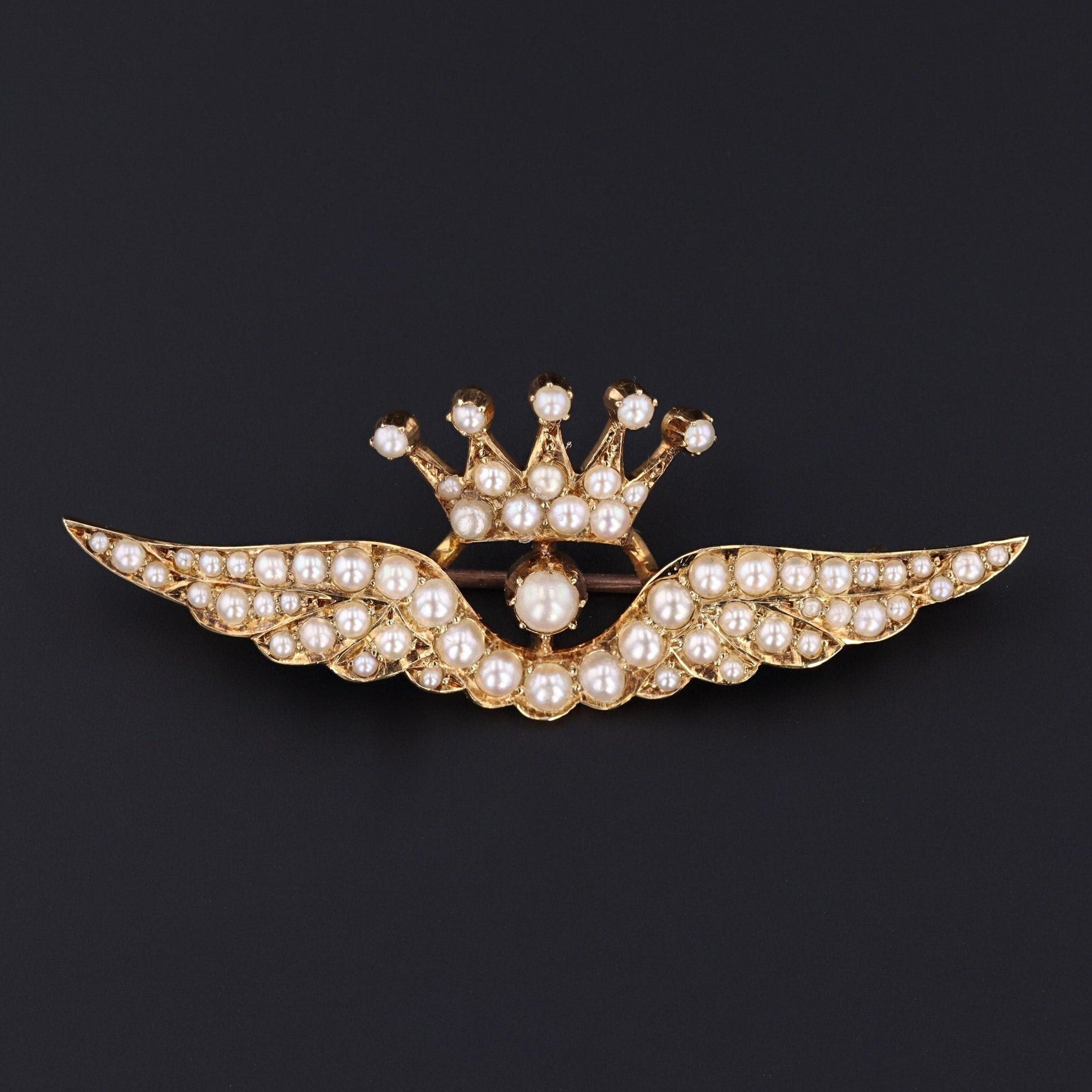 Antique Pearl Wings Brooch of 15ct Gold