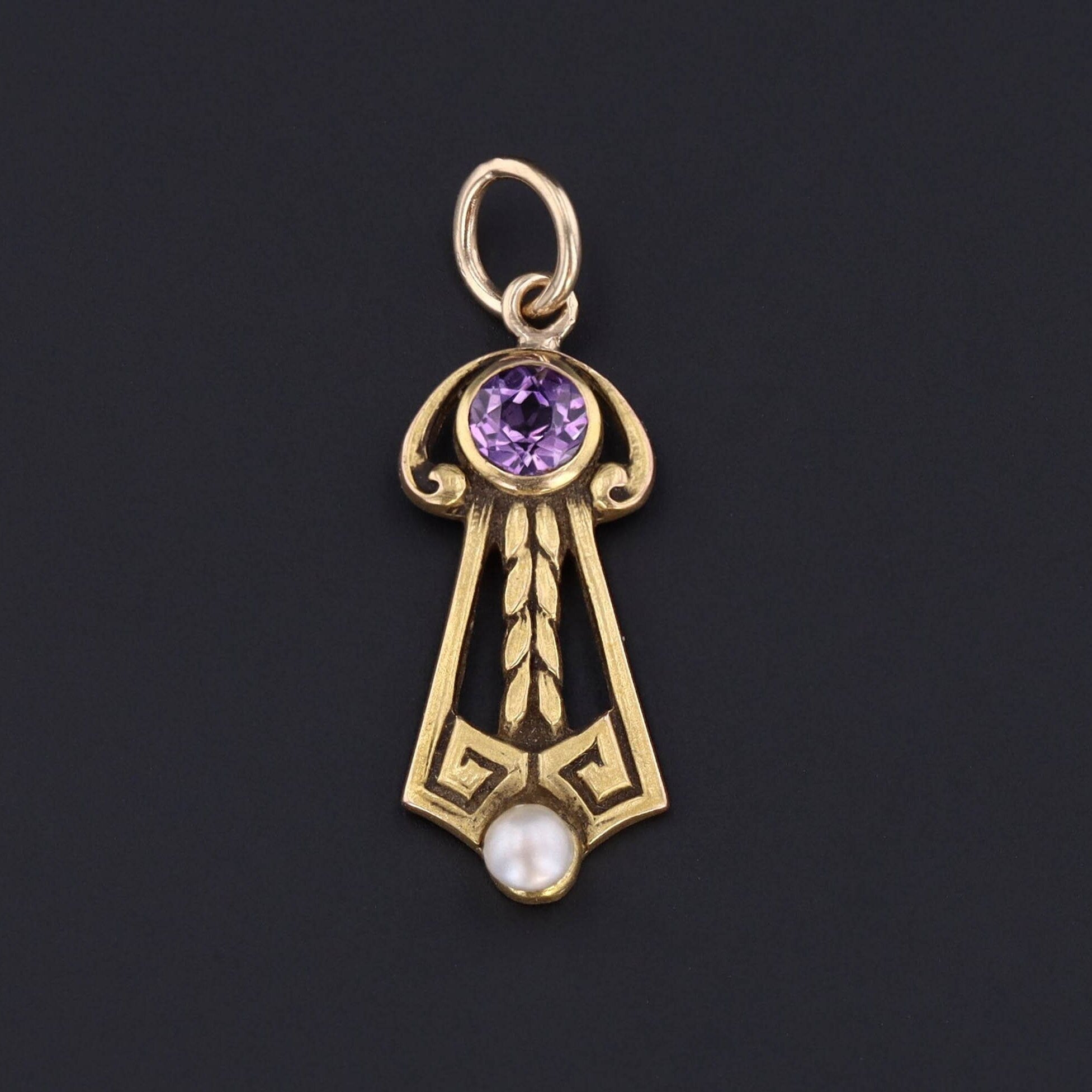 Art Nouveau Amethyst and Pearl Conversion Charm of 14k Gold