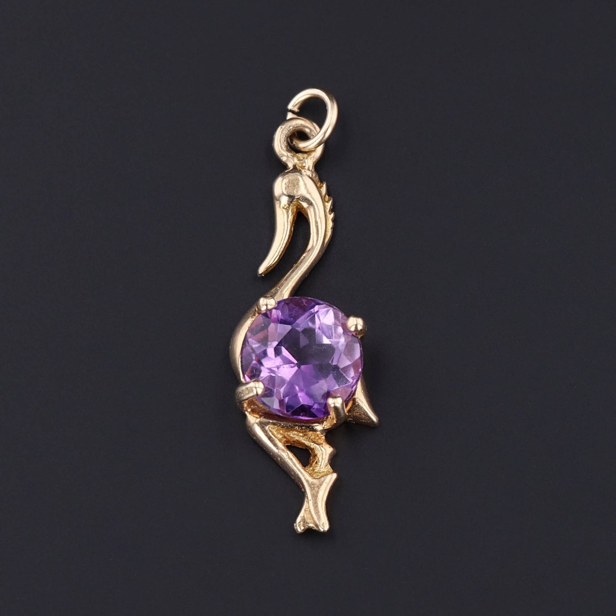 purple amethyst flamingo charm of 14k gold