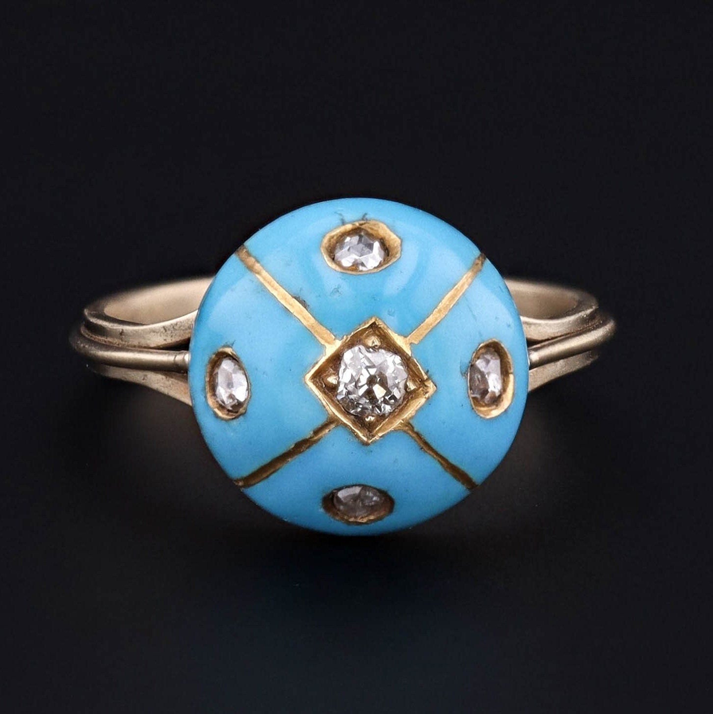 Antique Turquoise Enamel Conversion Ring of 14k Gold