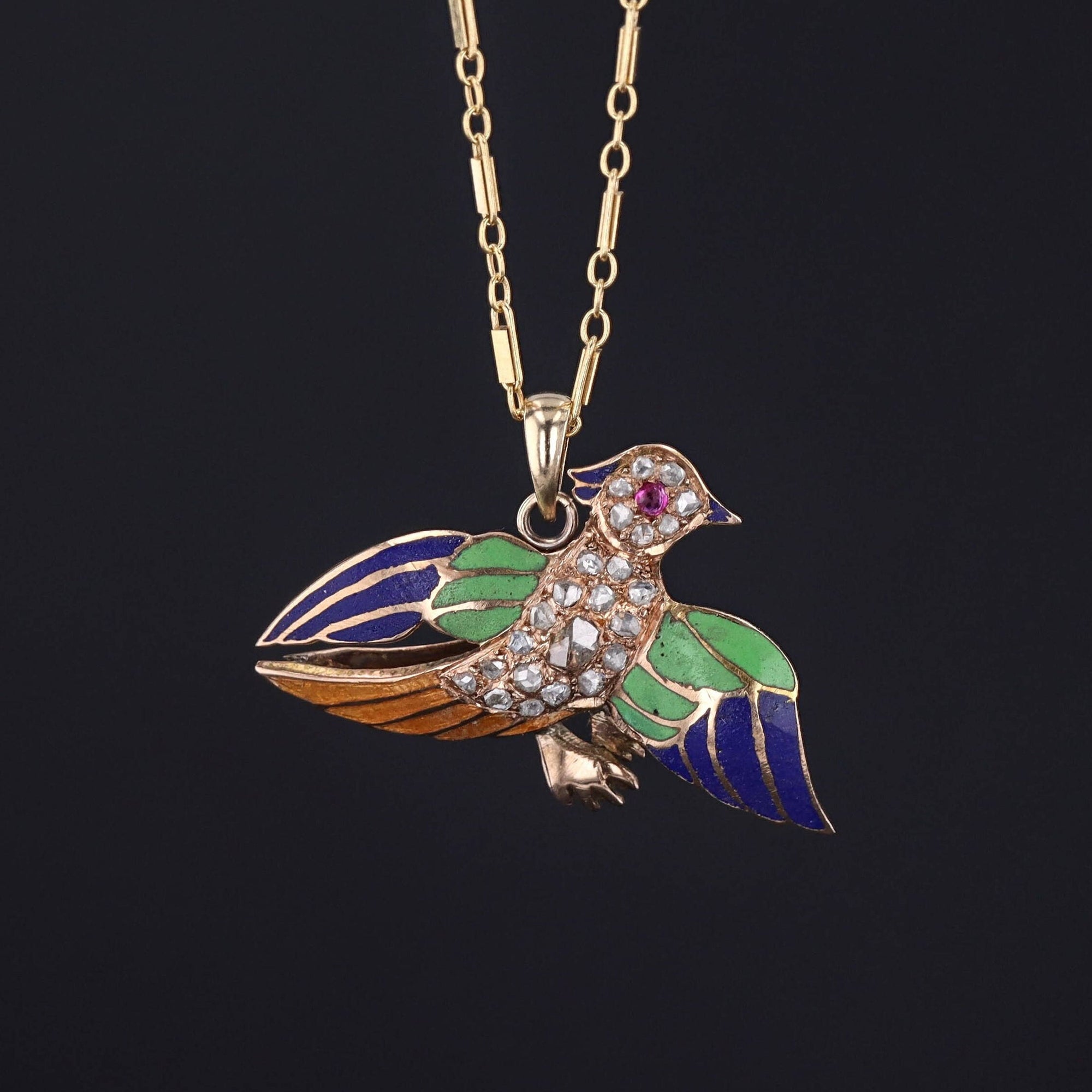 Antique Diamond and Enamel Bird Pendant of 14k Gold