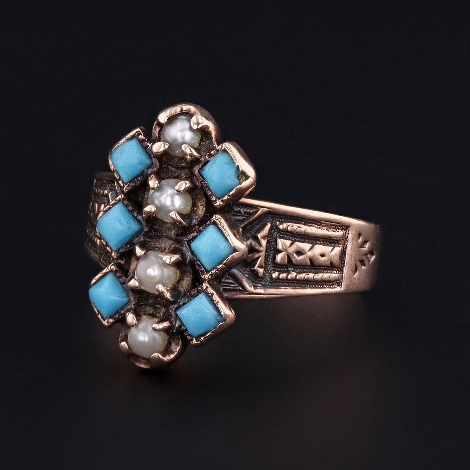 Antique Turquoise Glass Ring of 14k Gold