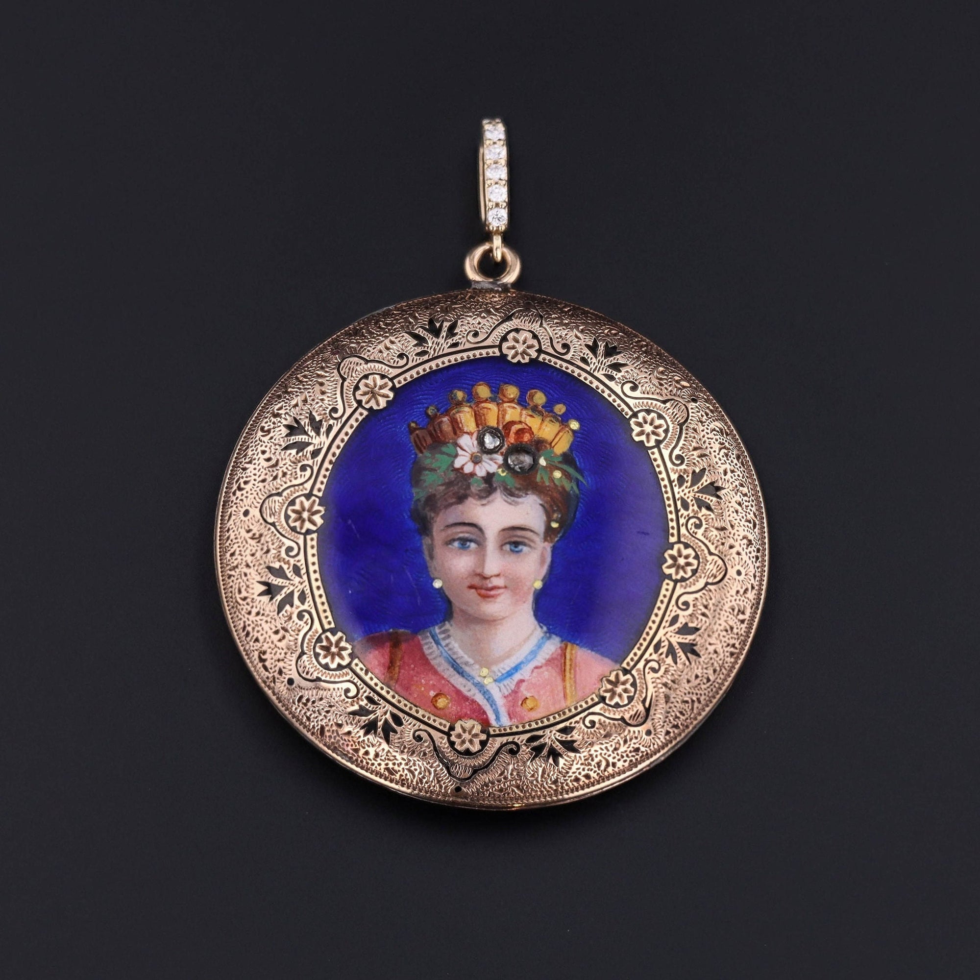 Antique Enamel Woman Pendant of 14k Gold