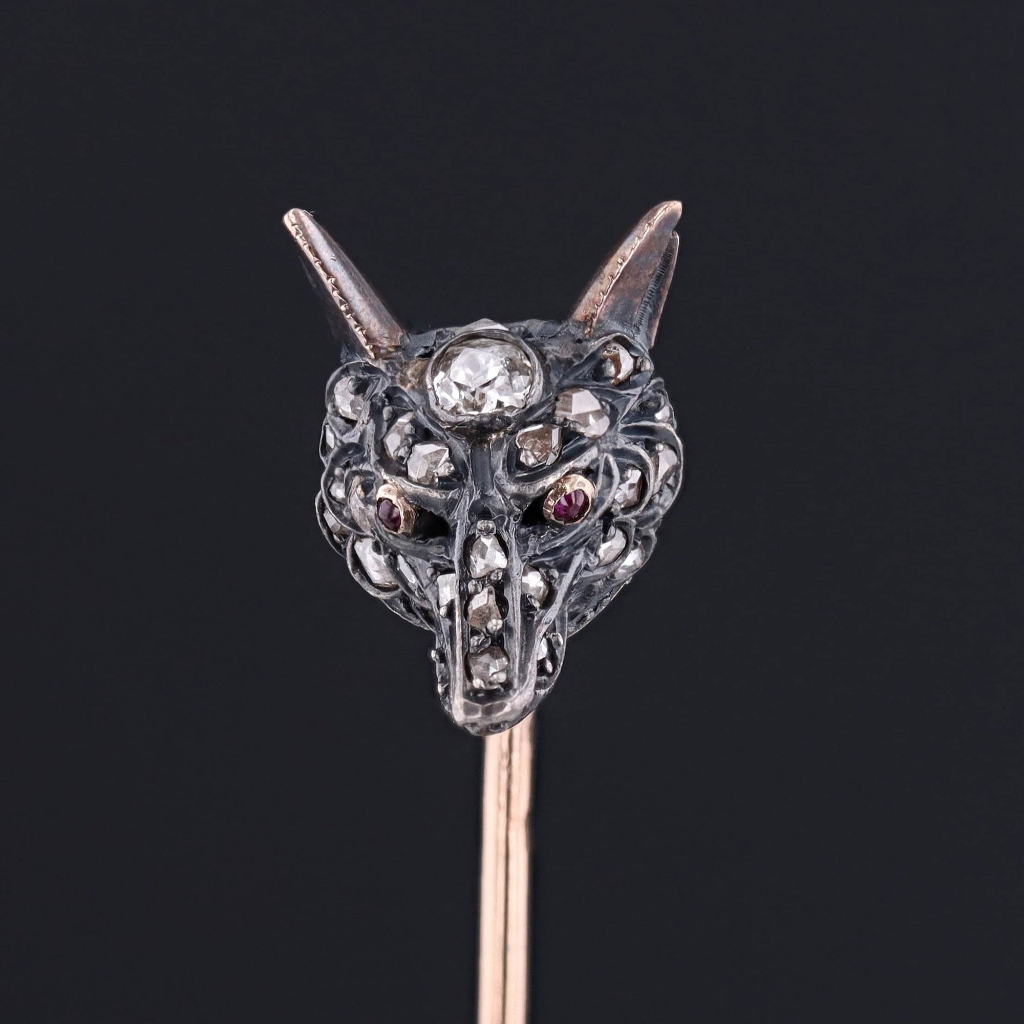 Antique French Diamond Fox Stickpin of Silver and 18k Gold