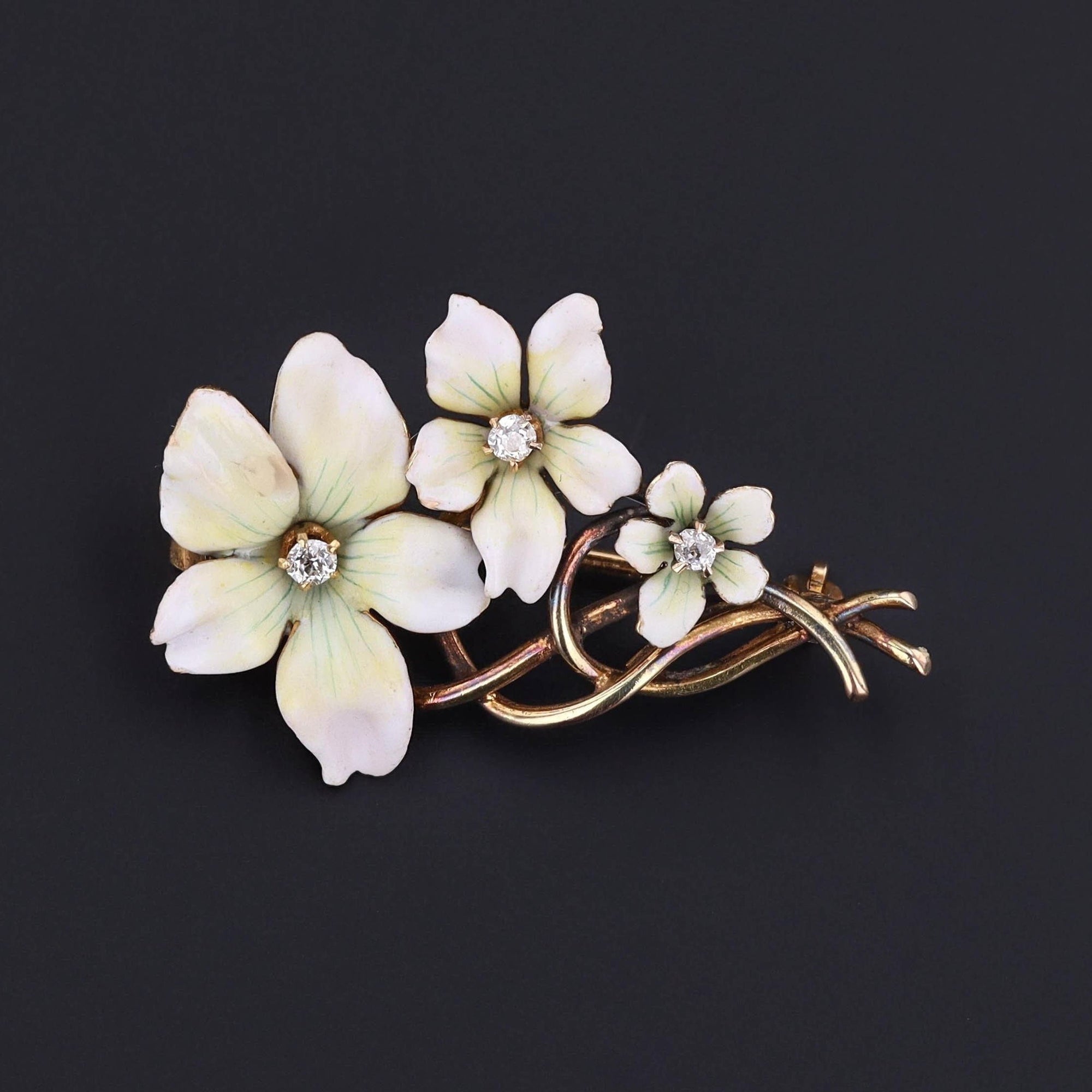 Antique White Enamel Violet Flower Brooch of 14k Gold