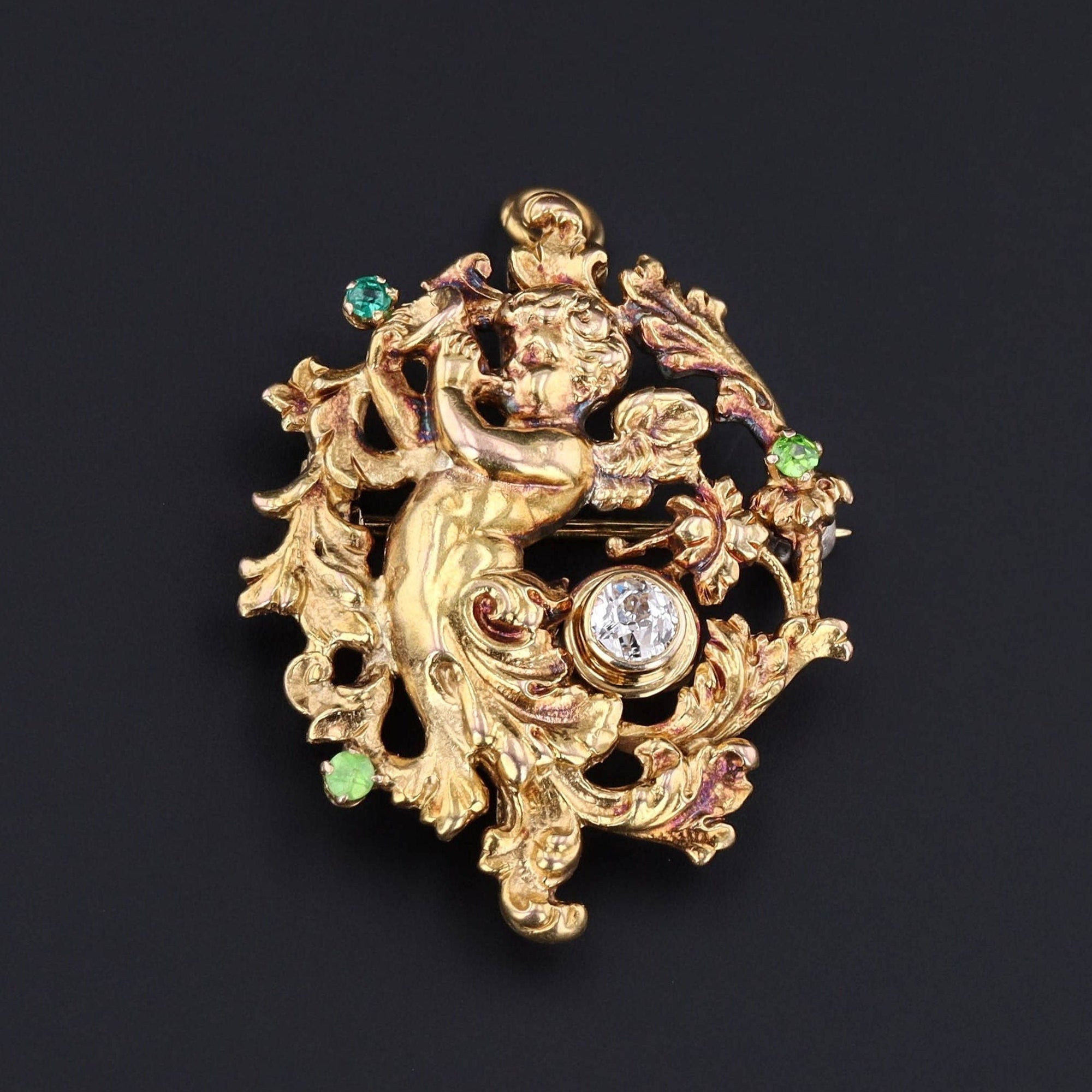 Antique Diamond and Demantoid Garnet Cherub Pendant of 14k Gold