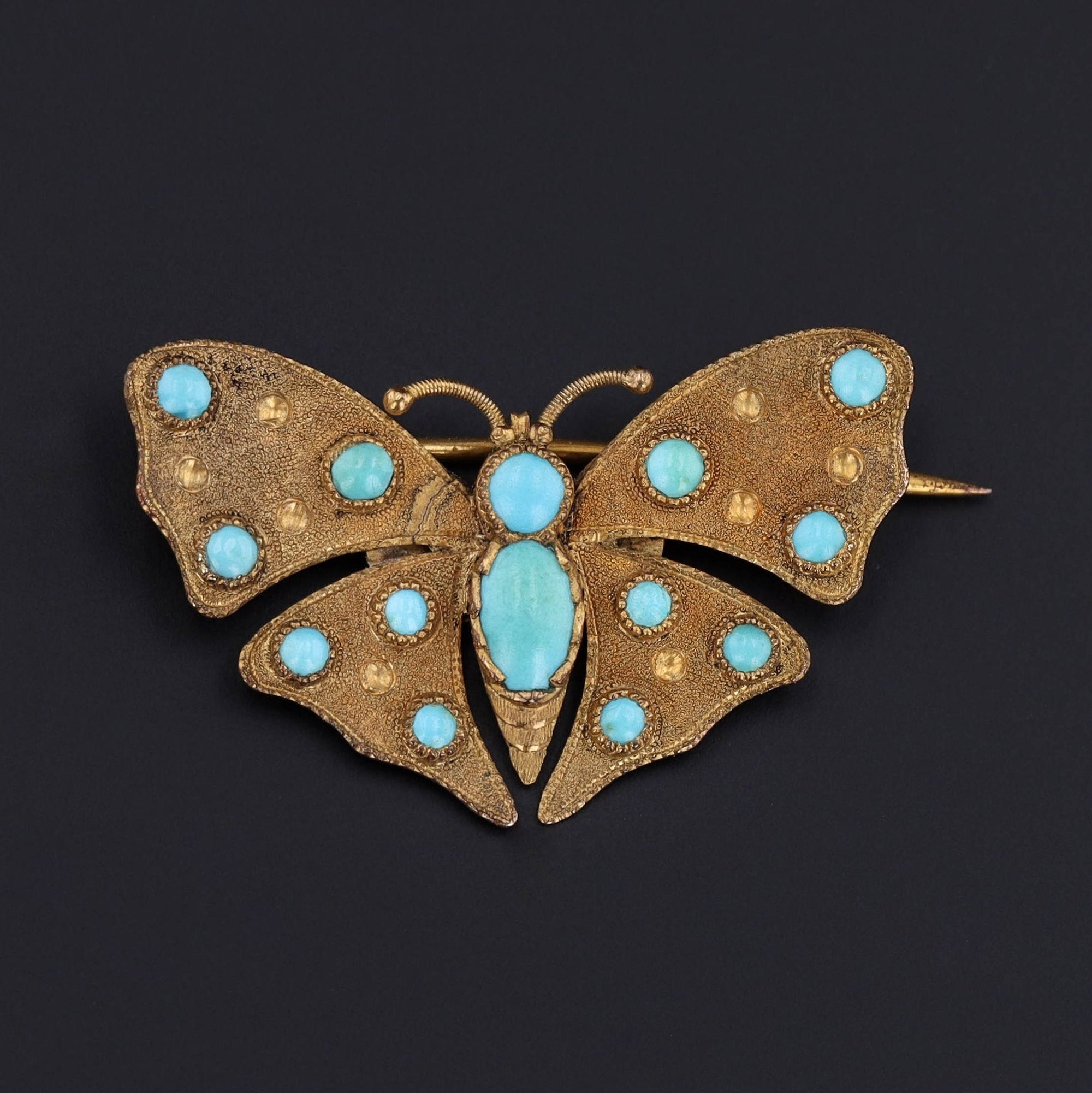 Antique Turquoise Butterfly Brooch of 14k Gold