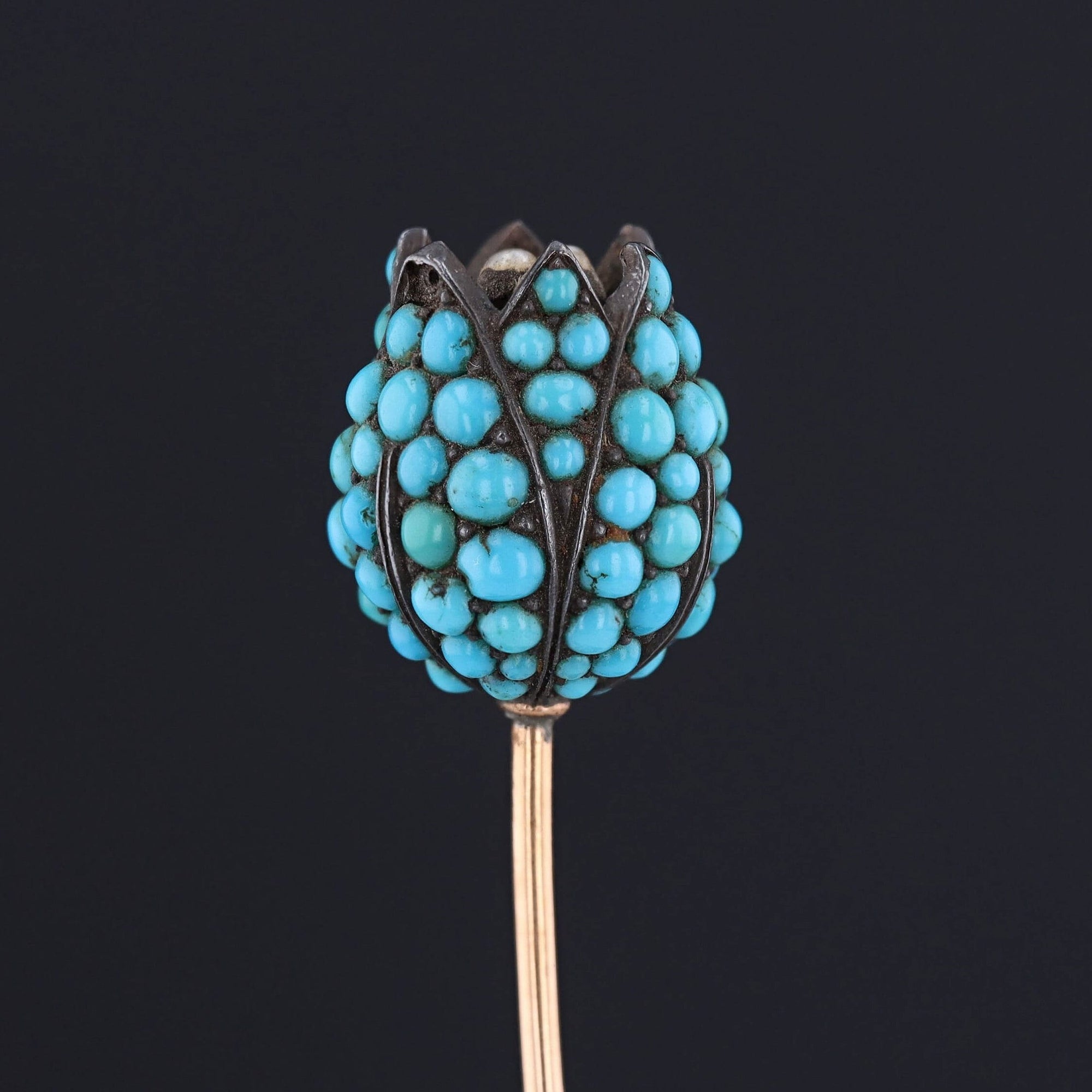 Antique Turquoise and Pearl Tulip Stickpin of 14k Gold