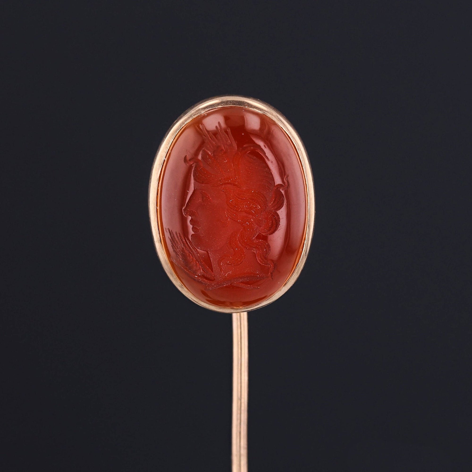 Antique Red Agate Intaglio Stick Pin of 14k Gold