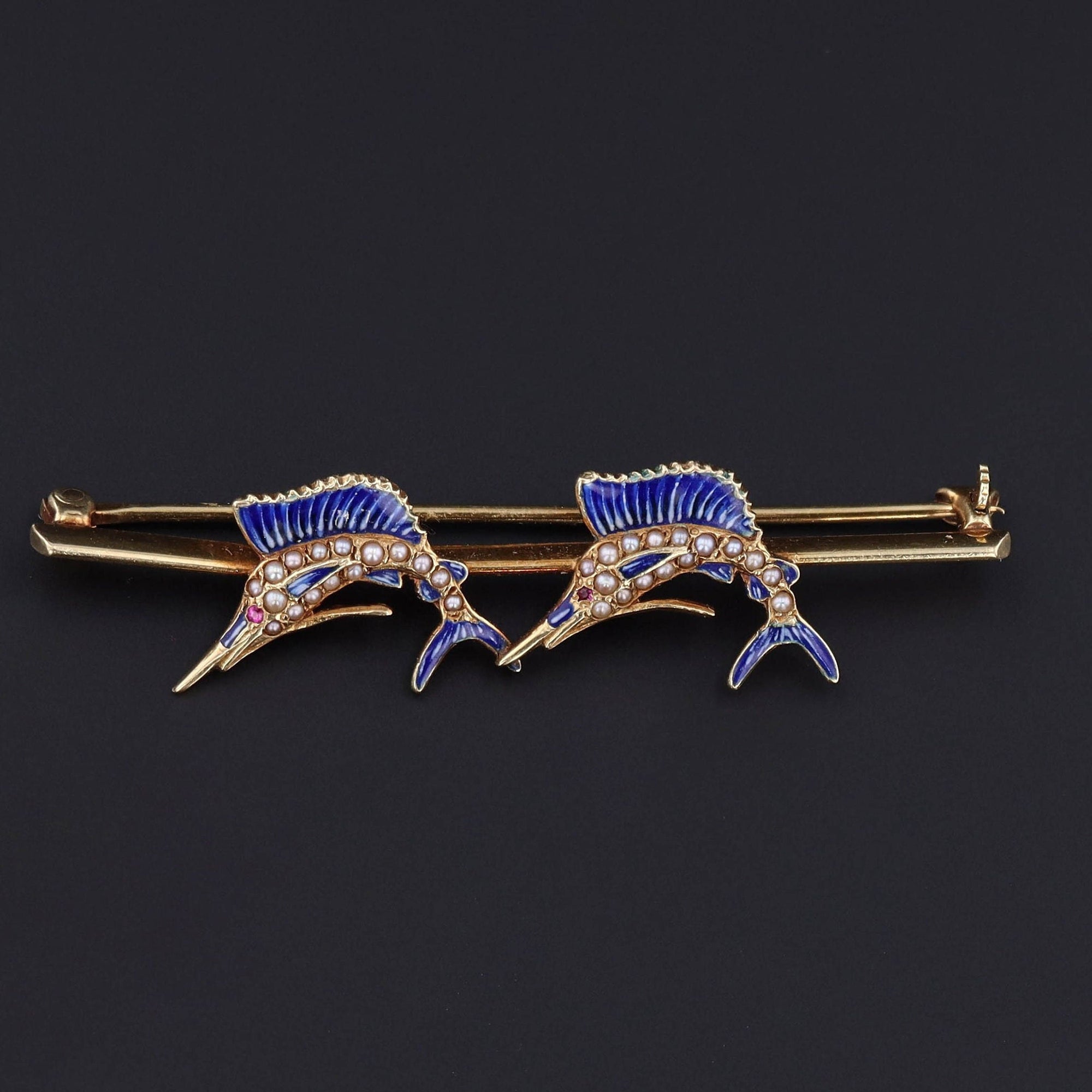 Antique Enamel and Pearl Sailfish Brooch of 14k Gold