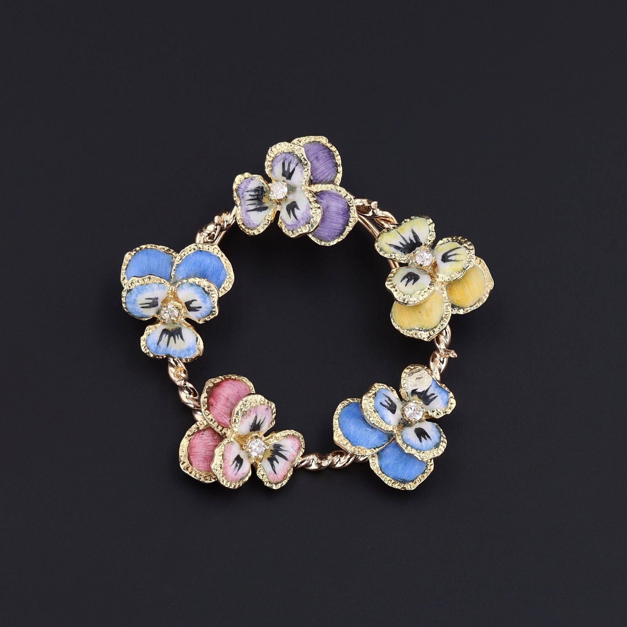 Vintage Enamel Pansy Pendant of 14k Gold