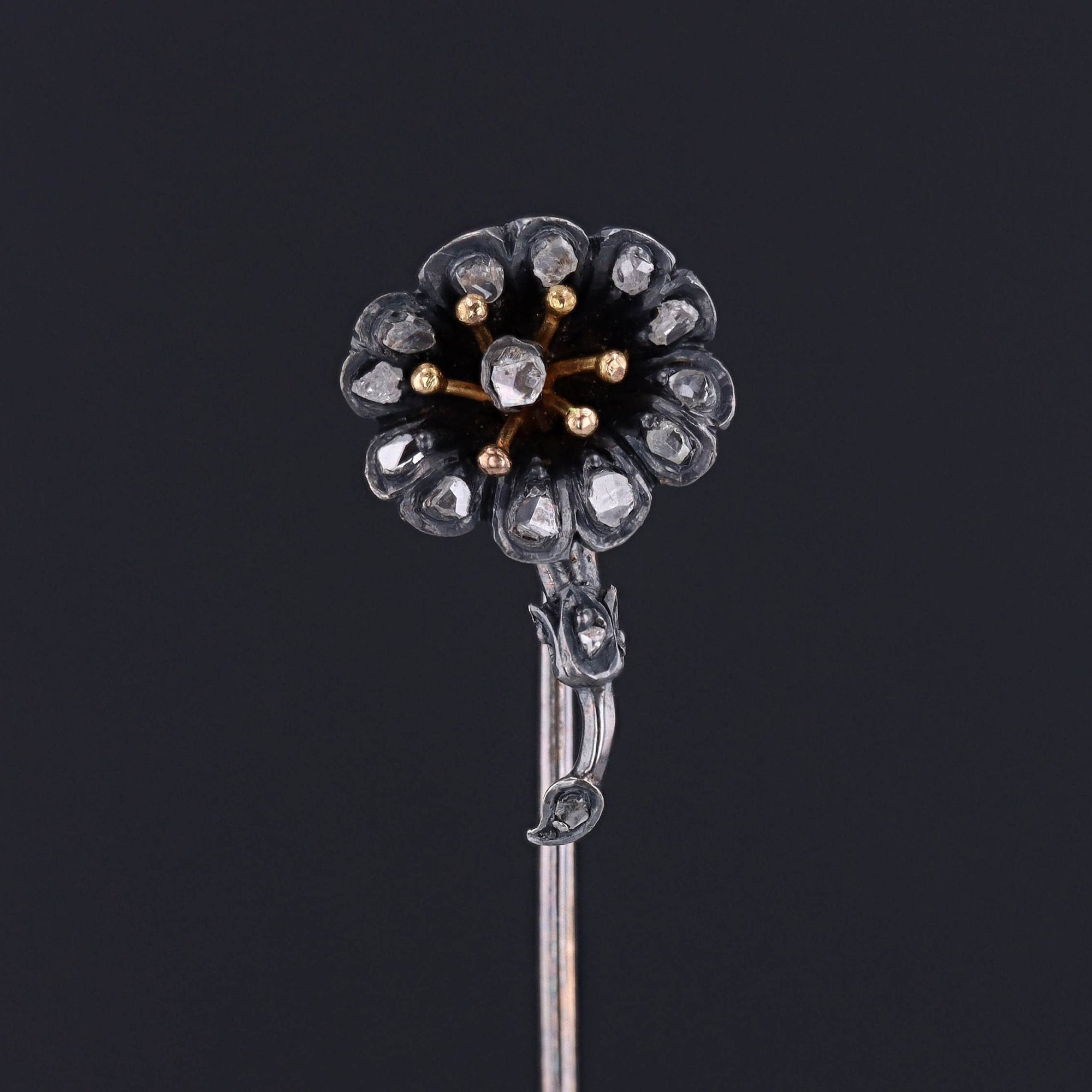 Antique Diamond Flower Stickpin of Silver and 14k Gold