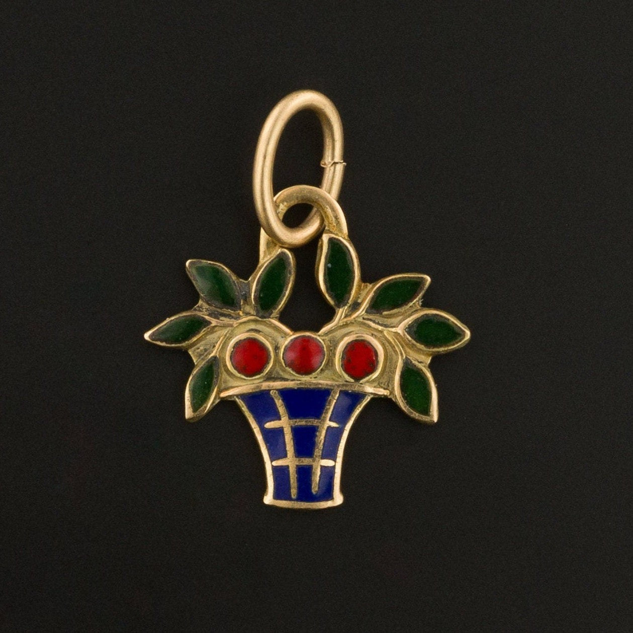 Vintage Enamel Flower Basket Charm of 14k Gold