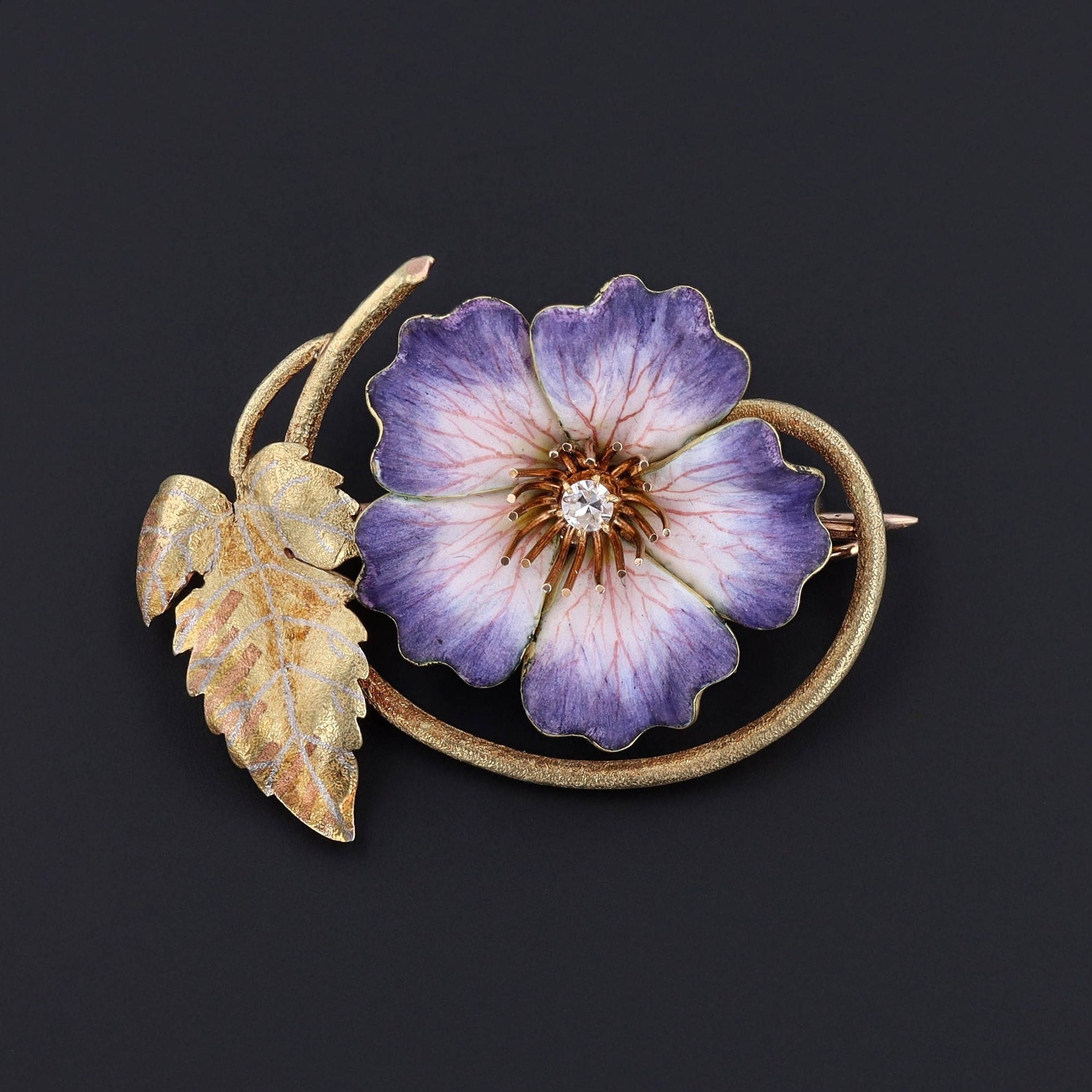 Antique Enamel and Diamond Flower Brooch of 14k Gold