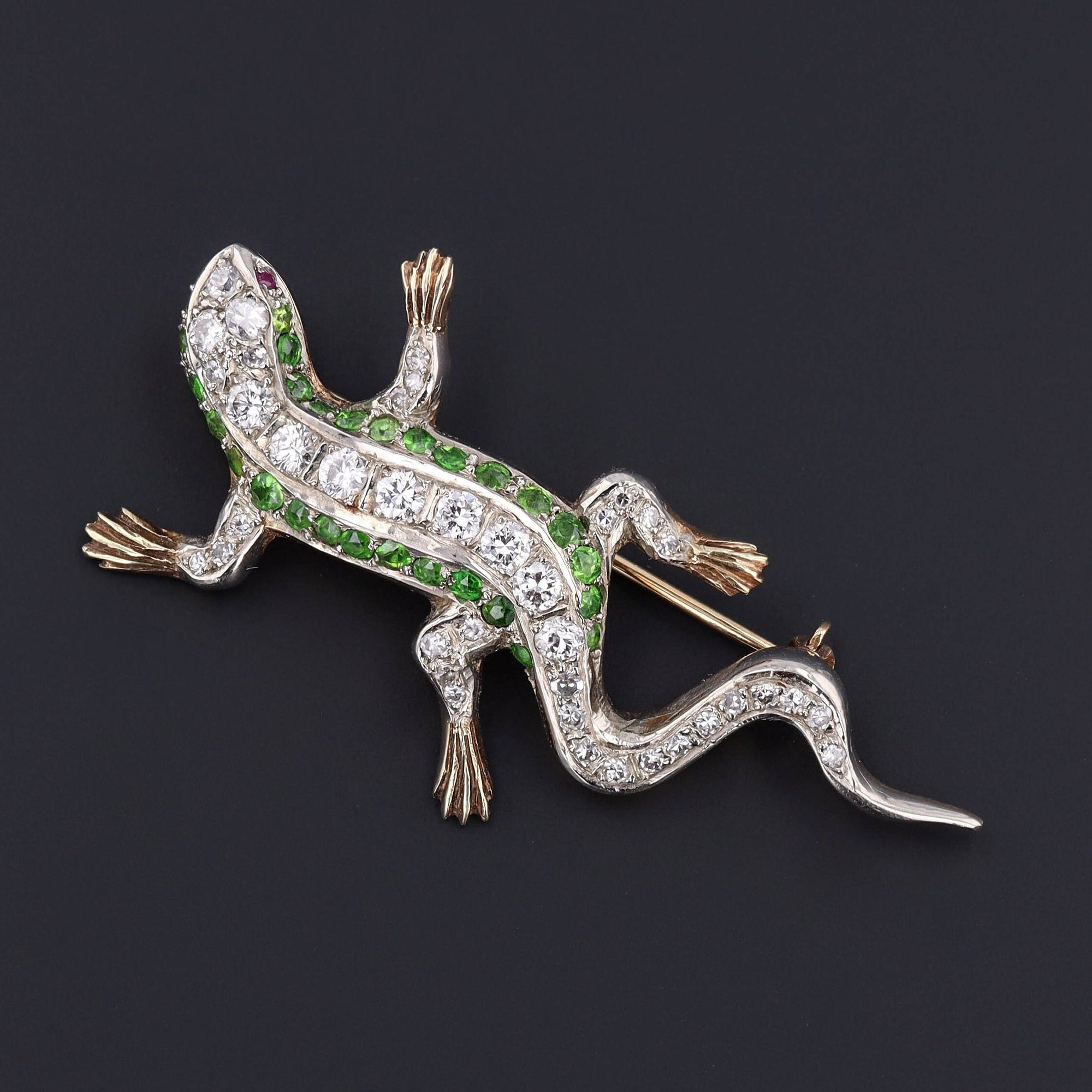 Vintage Diamond and Demantoid Garnet Lizard Brooch of 14k Gold