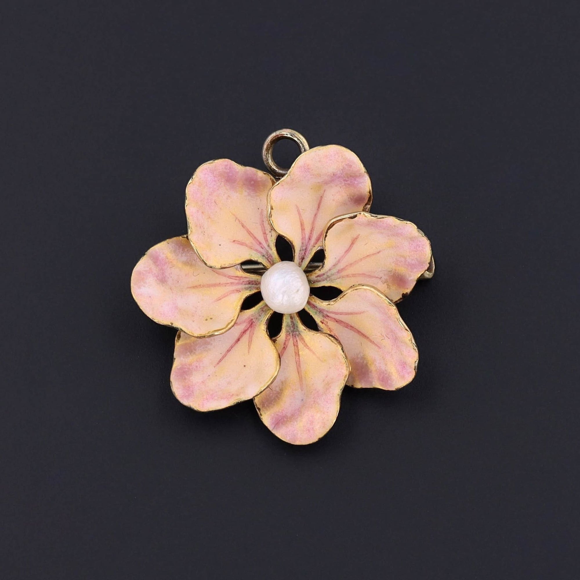 Antique Enamel Flower Pendant or Brooch of 14k Gold