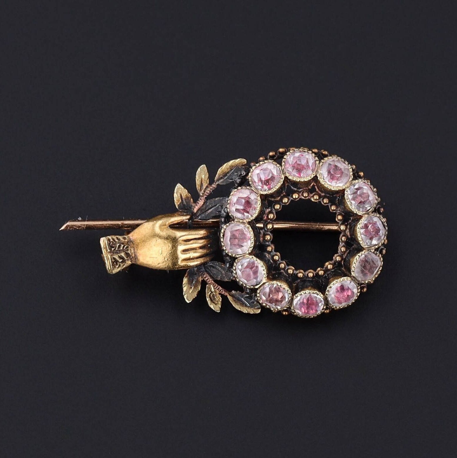 Georgian Hand Brooch of 18k Gold in Antique Box