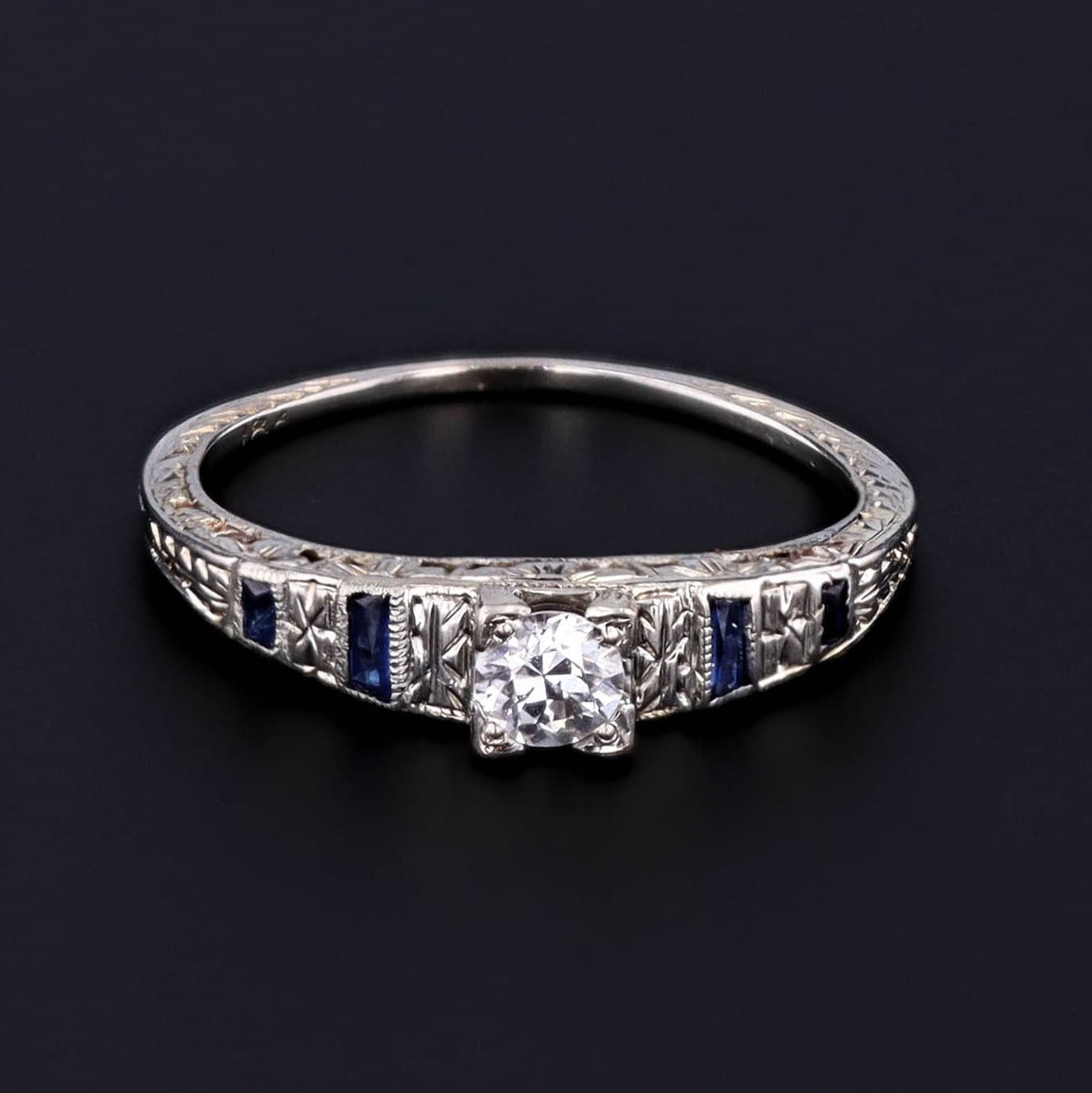 Vintage Diamond and Synthetic Sapphire Engagement Ring of 18k White Gold
