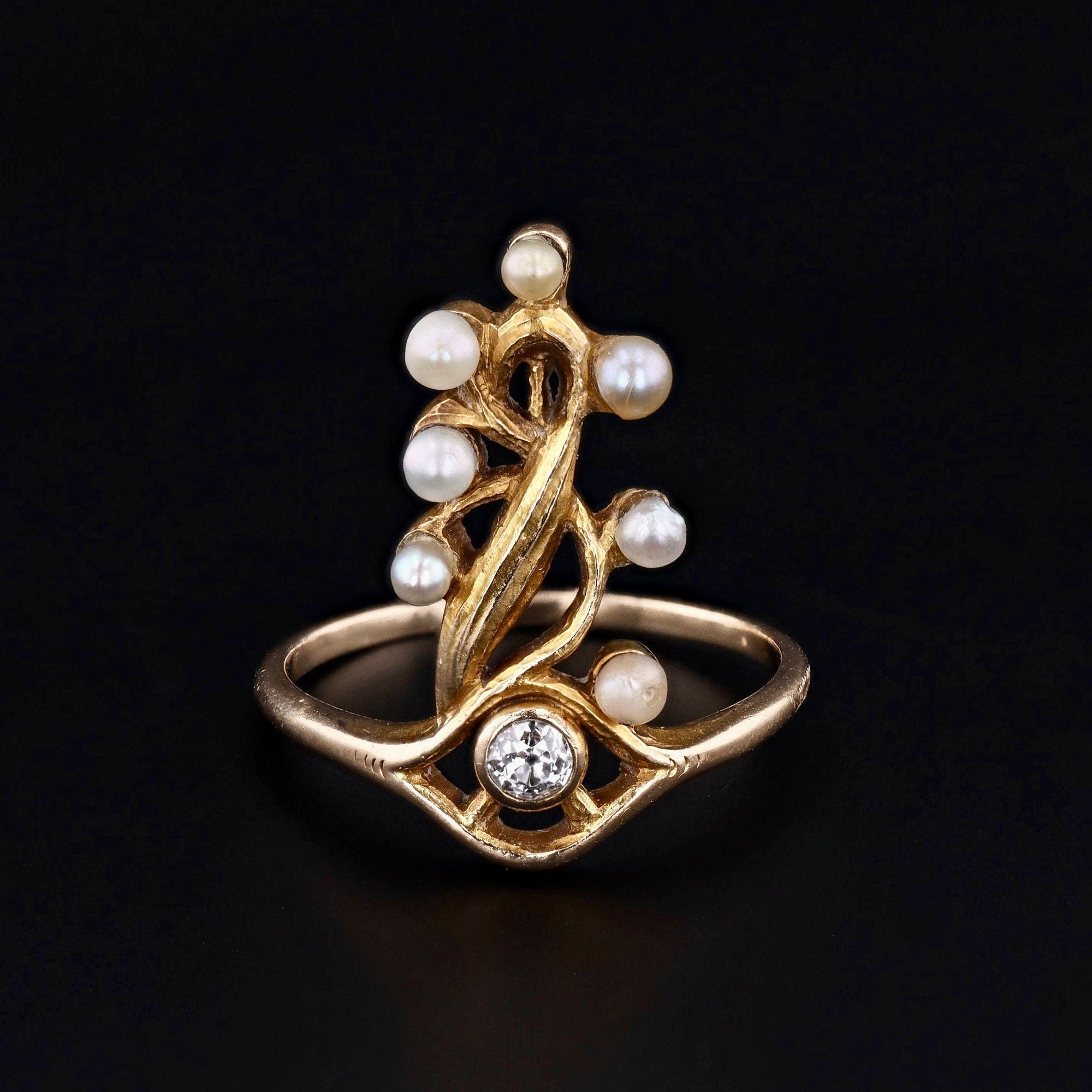 Surrealist Pearl and Diamond Eye Ring of 14k Gold