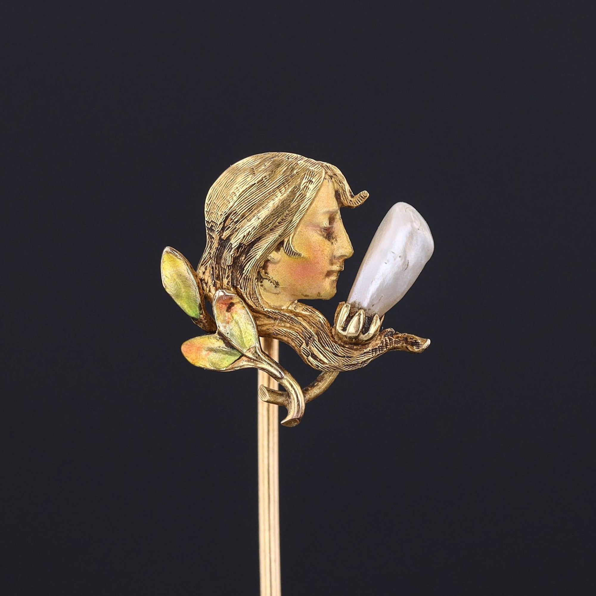 Art Nouveau Enamel Woman Stickpin of 14k Gold by Krementz and Co.