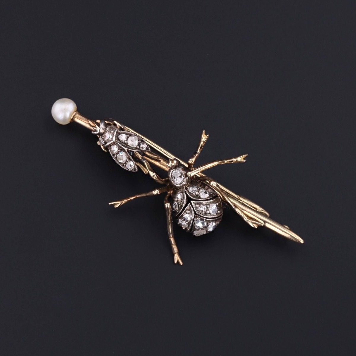 Victorian Diamond Insect Brooch Silver Topped 14k Gold