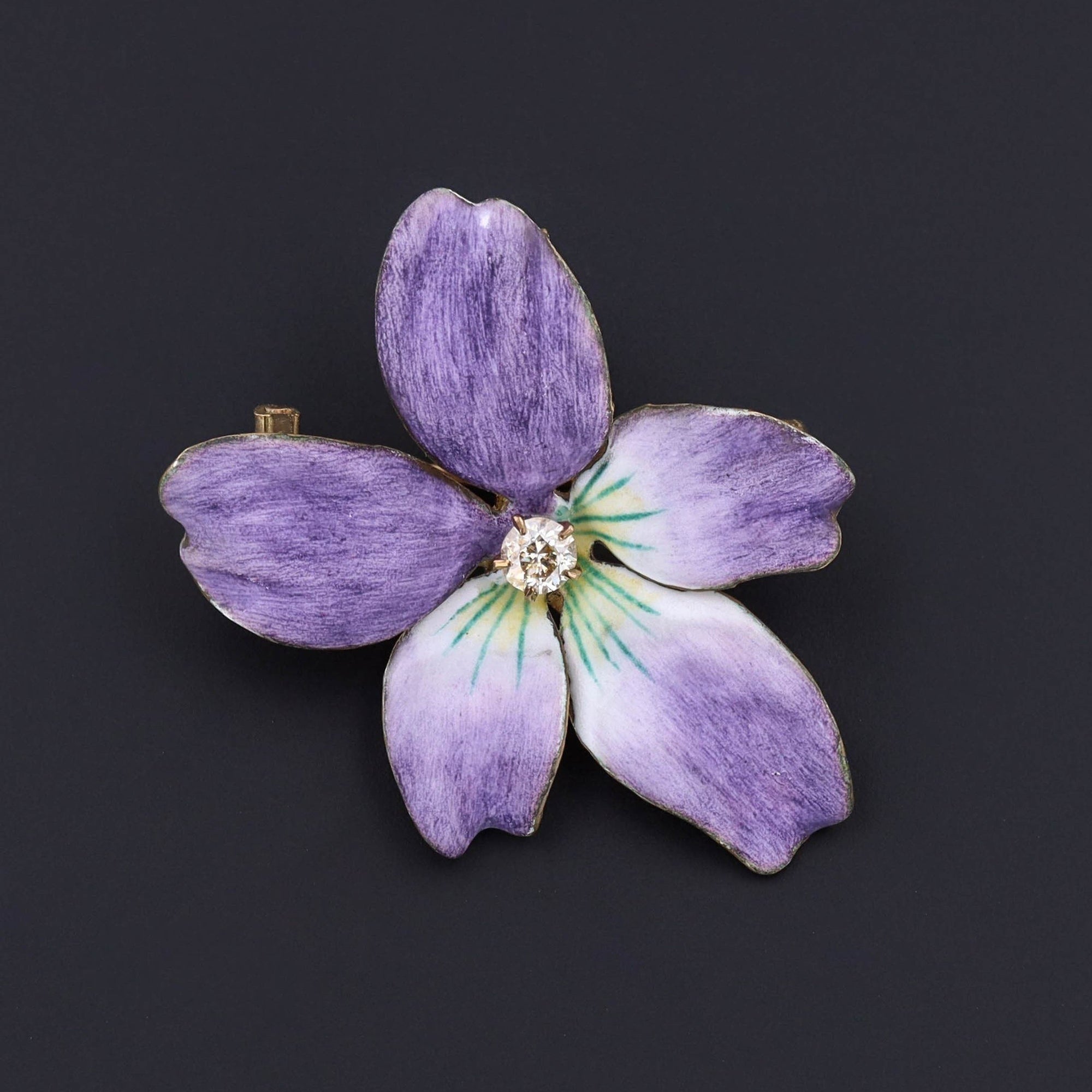 Antique Enamel Violet Pendant Brooch of 14k Gold