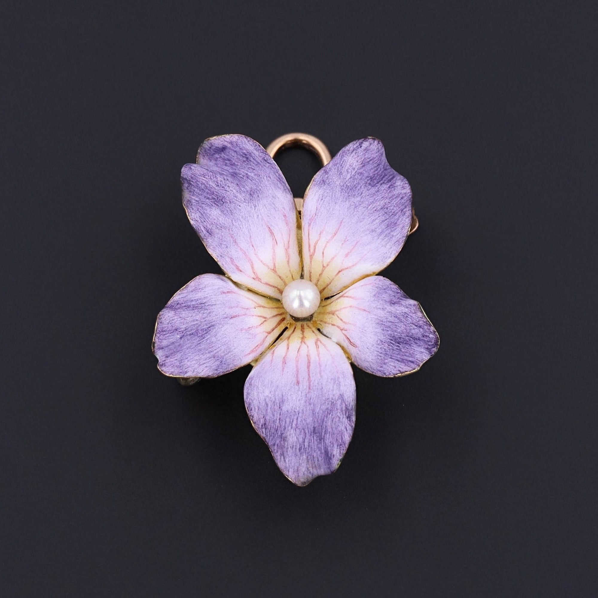 Antique Enamel Violet Pendant or Brooch of 14k Gold