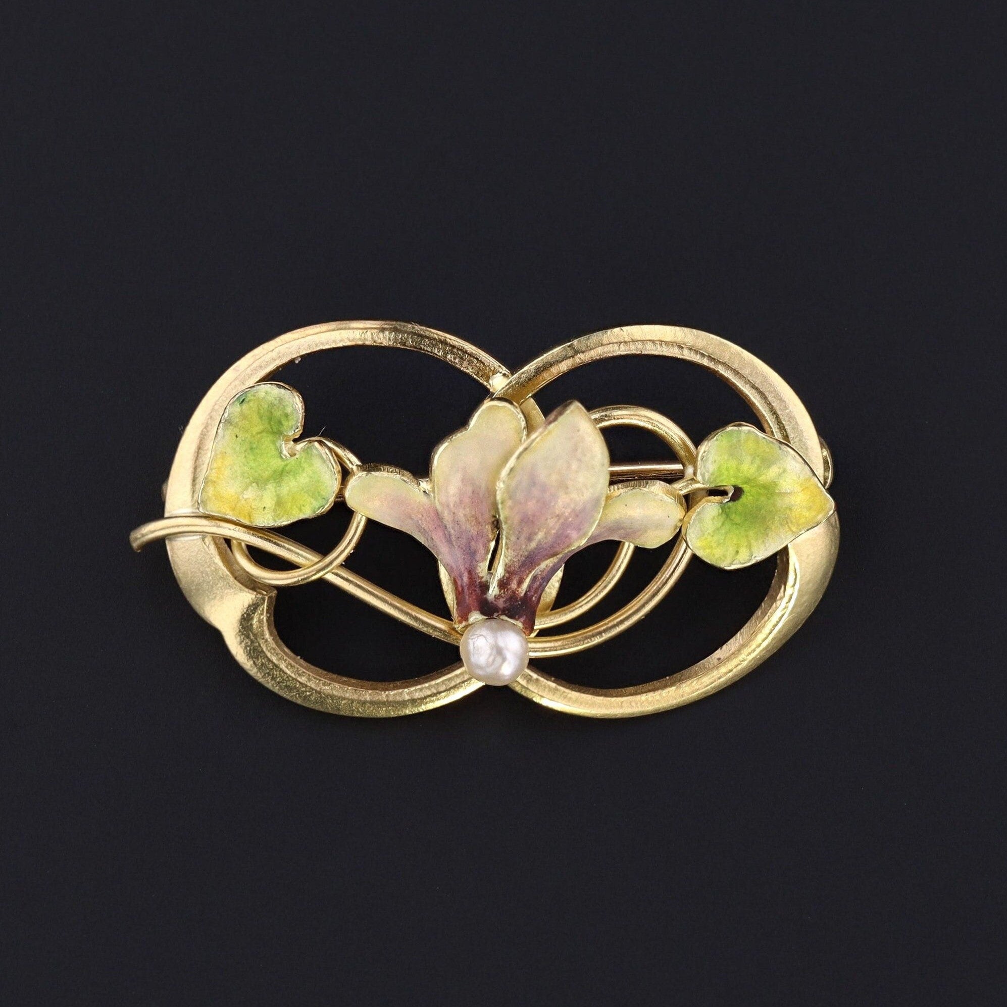 Antique Enamel Flower Brooch of 14k Gold by Krementz