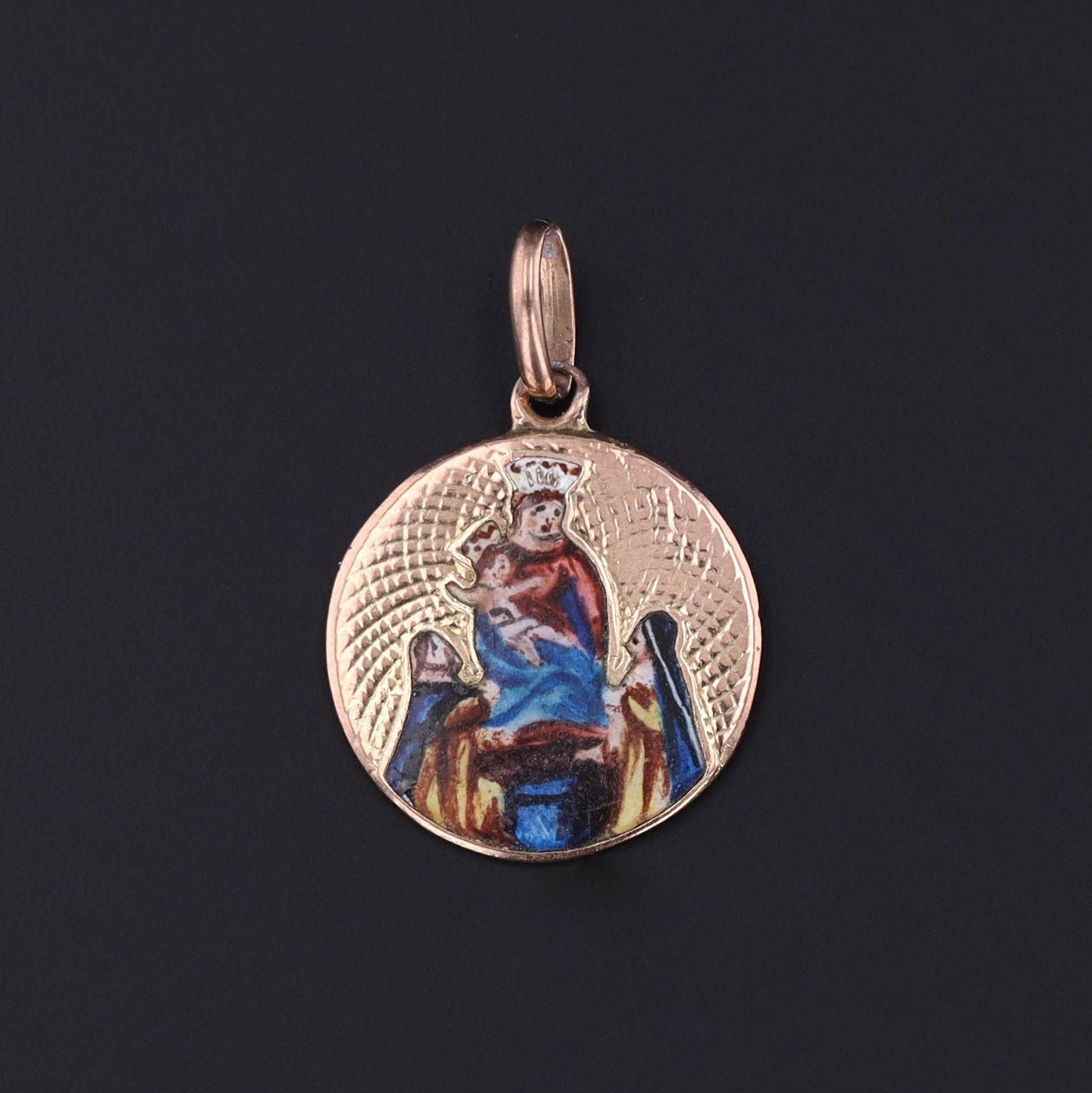 Vintage Enamel Mother Mary and Baby Jesus Pendant of 9ct Gold