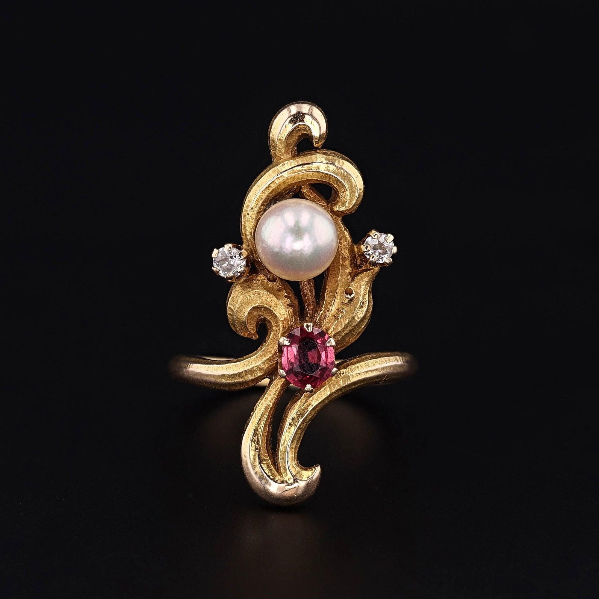 Art Nouveau Pearl, Ruby and Diamond Ring of 14k Gold