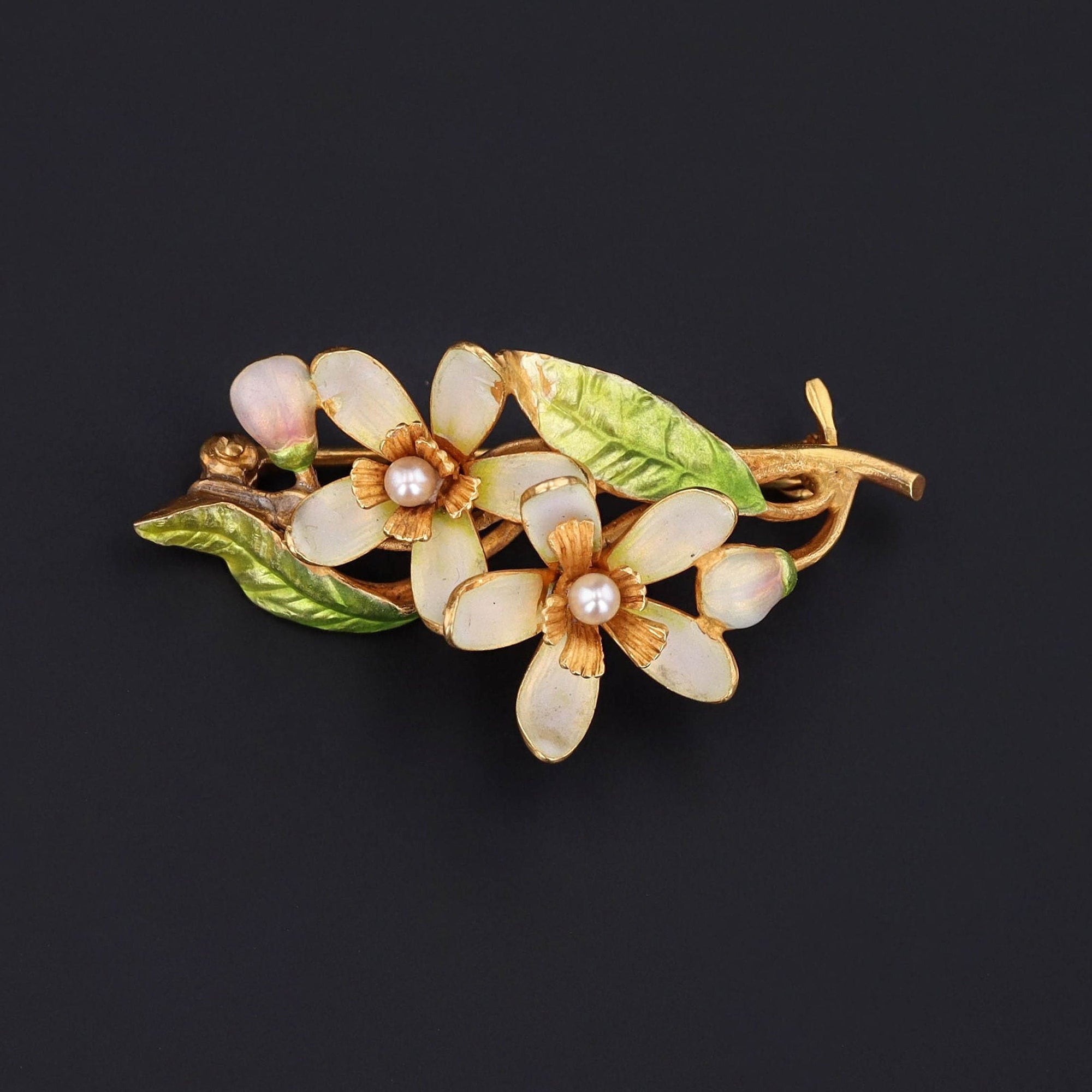 Antique Enamel Flower Brooch of 14k Gold