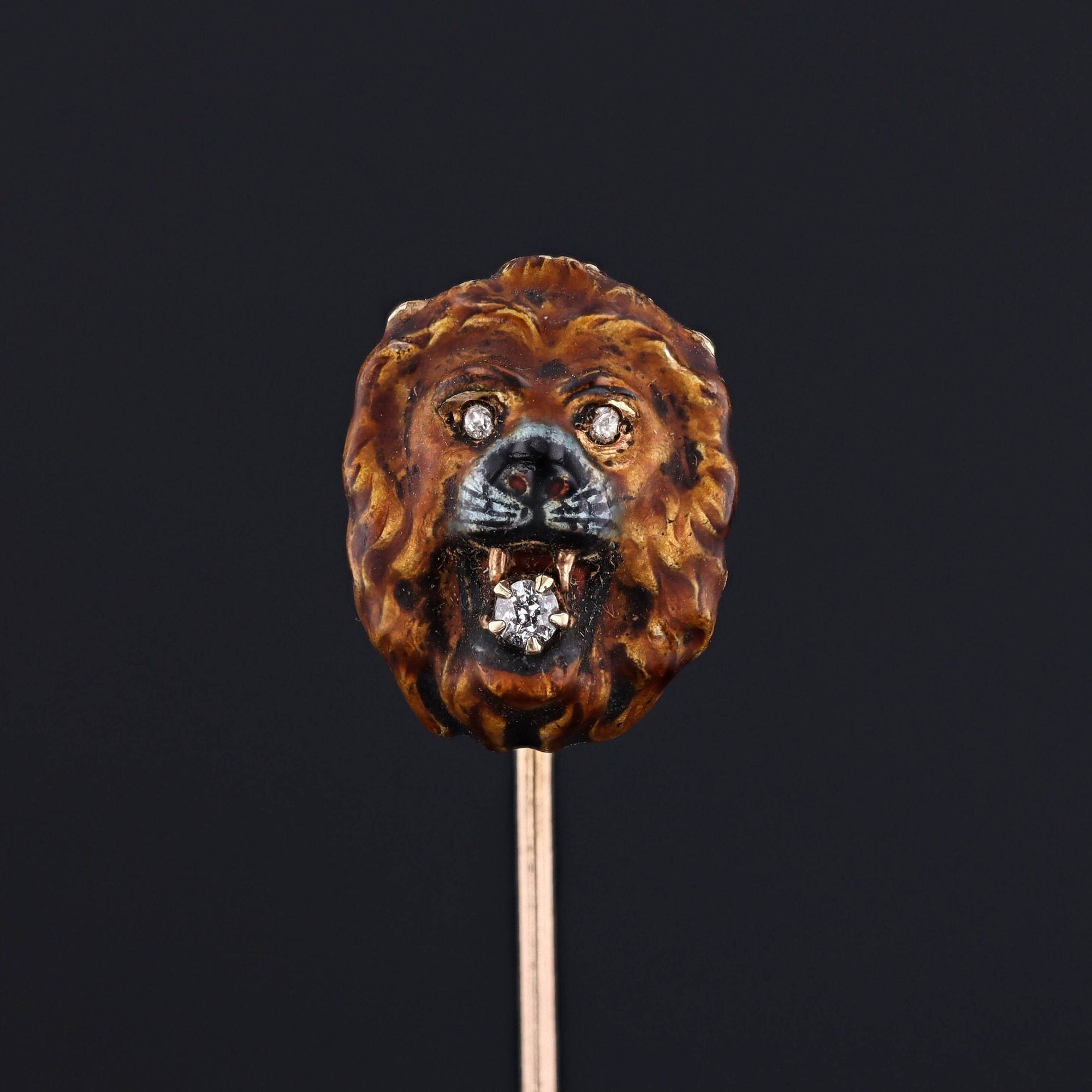 Antique Enamel and Diamond Lion Stickpin of 14k Gold