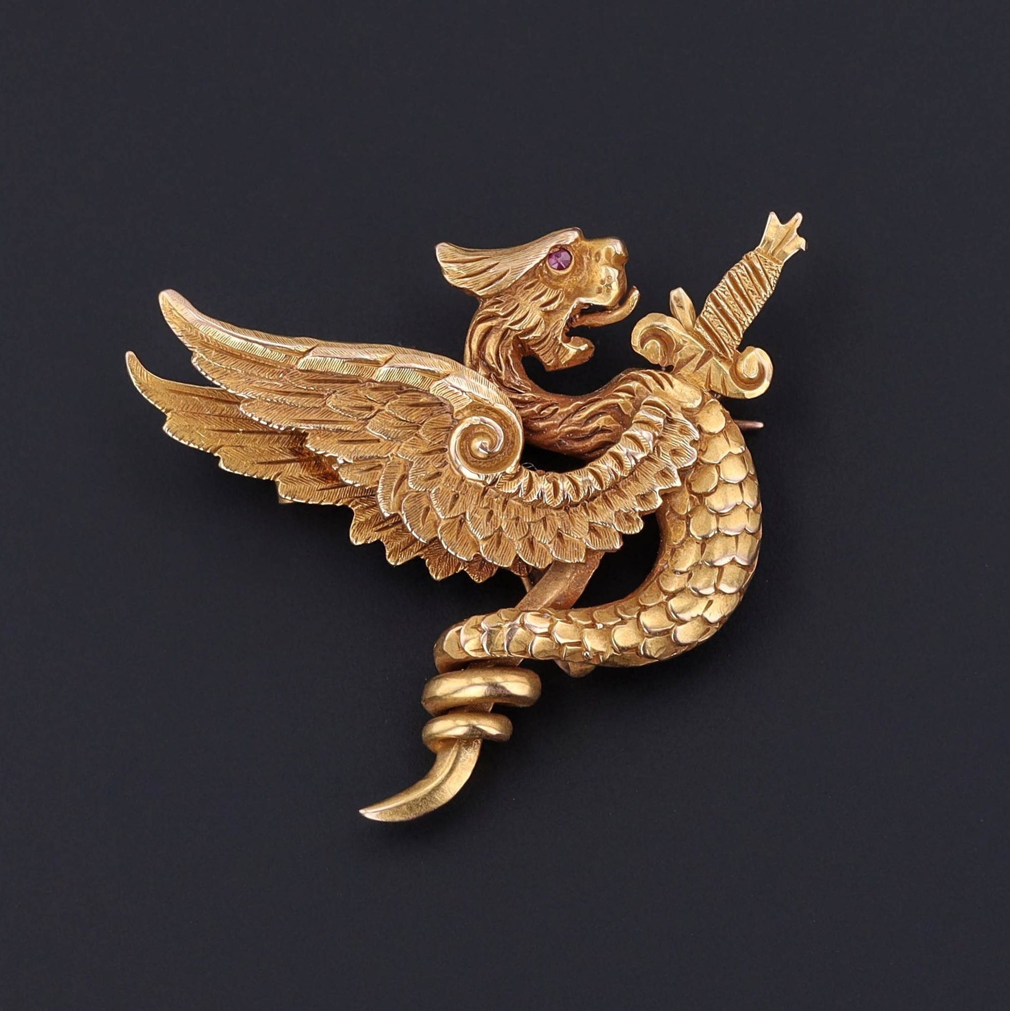 Antique Griffin Brooch of 14k Gold