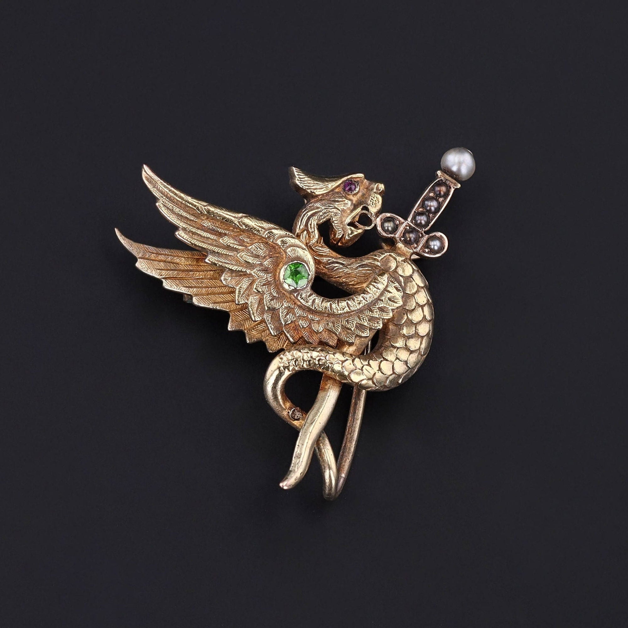 Antique Griffin Brooch of 14k Gold