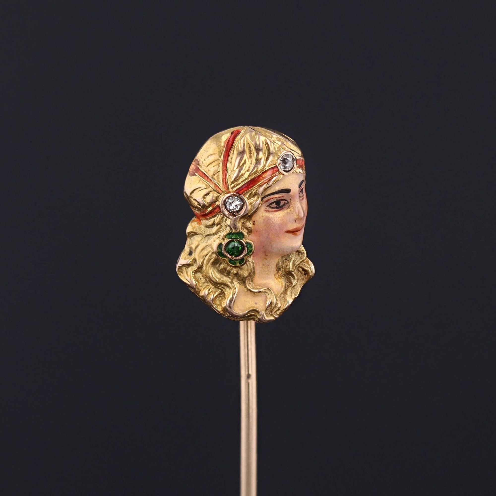 Antique Enamel Woman Stickpin of 14k Gold