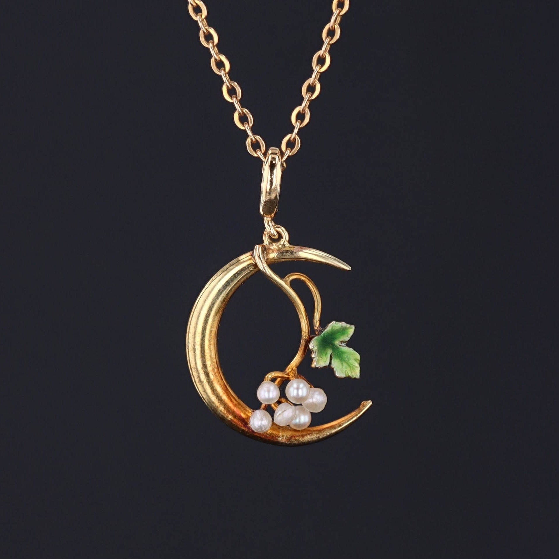 Antique Crescent Moon and Grapes Pendant of 14k Gold