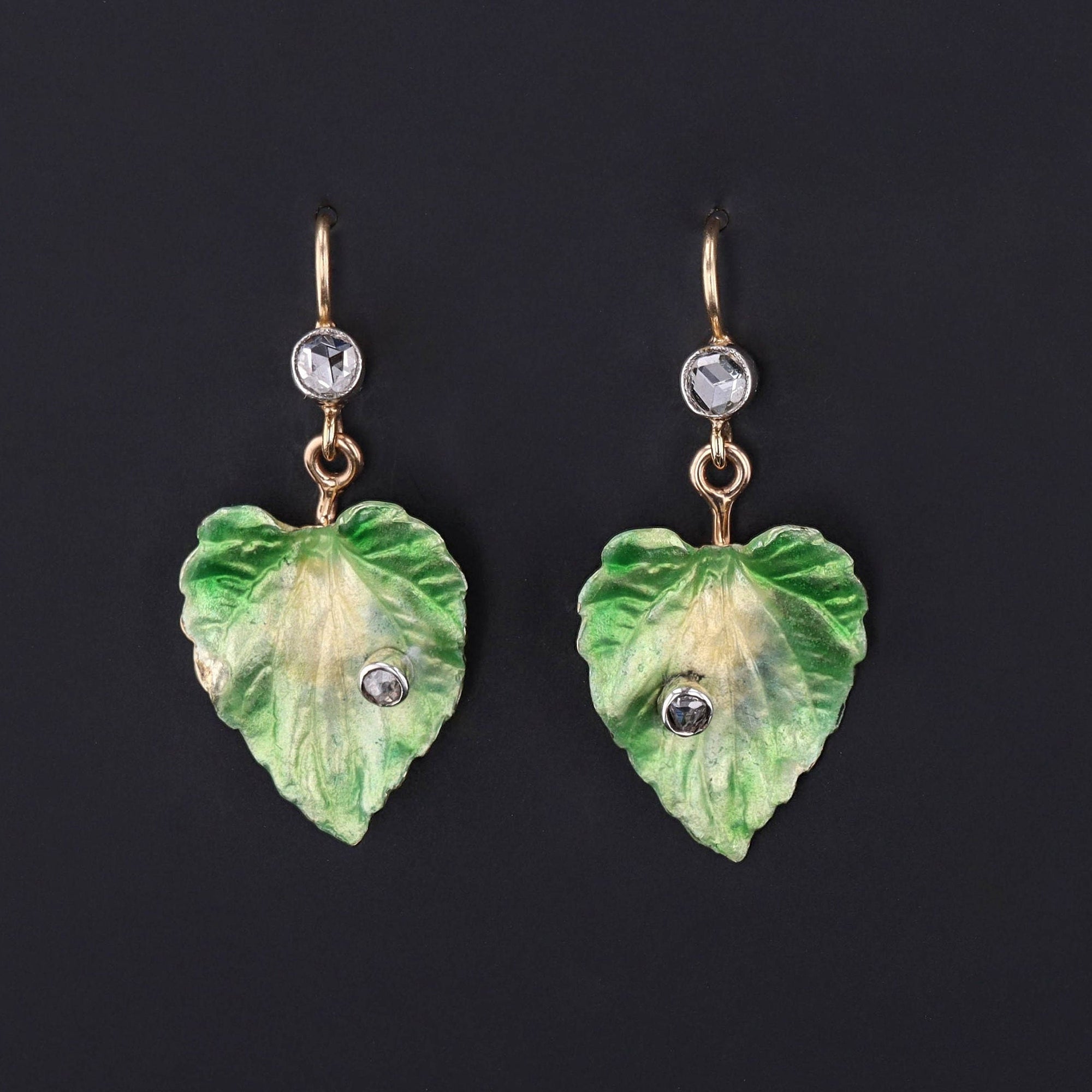 Antique Enamel Leaf Conversion Earrings of 14k Gold