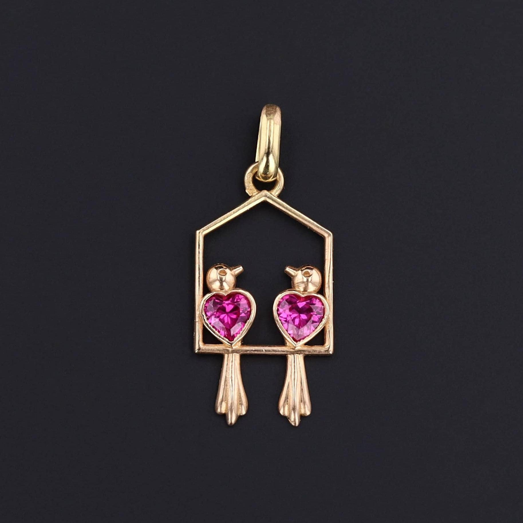 Vintage Ruby Lovebirds Pendant of 18k Gold