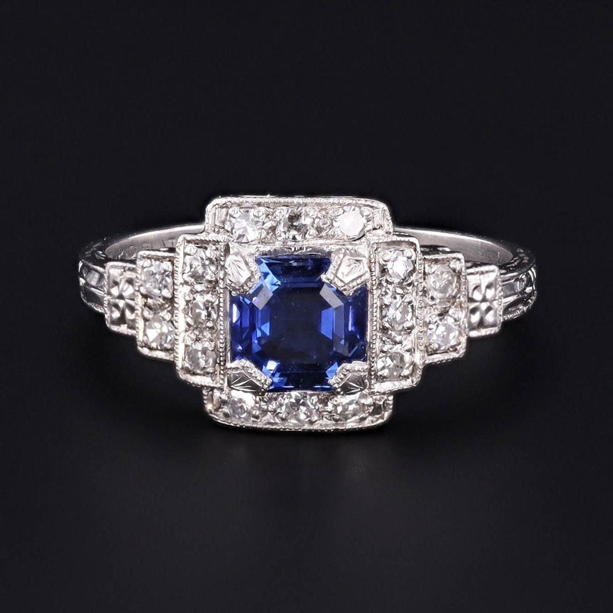 Art Deco Sapphire and Diamond Engagement Ring Platinum