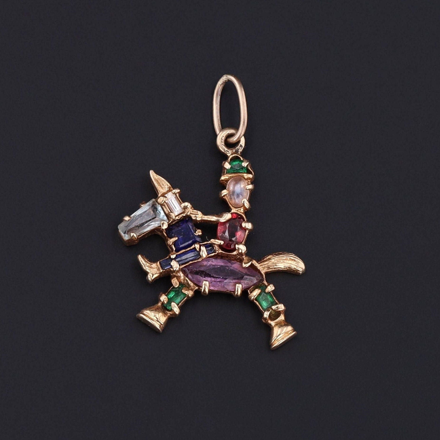 Vintage Gemstone Horseback Rider Pendant of 14k Gold