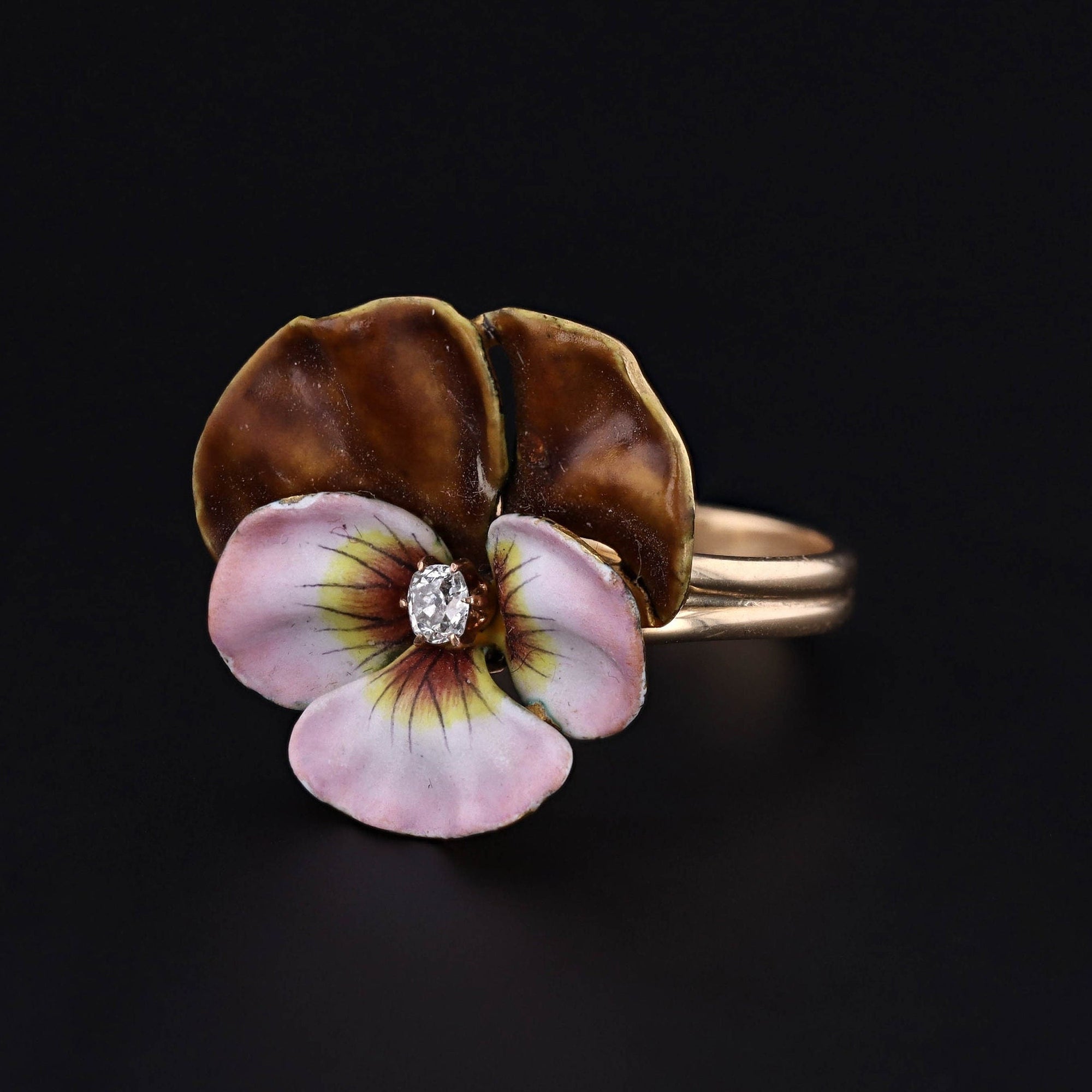 Antique Enamel Pansy Conversion Ring of 14k Gold