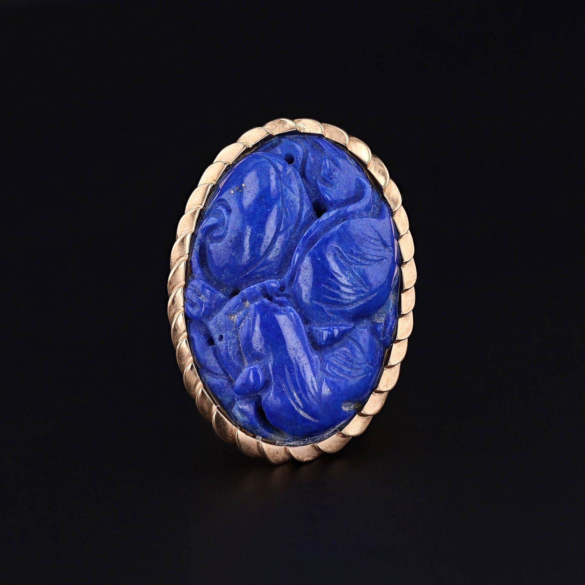 Vintage Carved Lapis Dragon Ring of 14k Gold