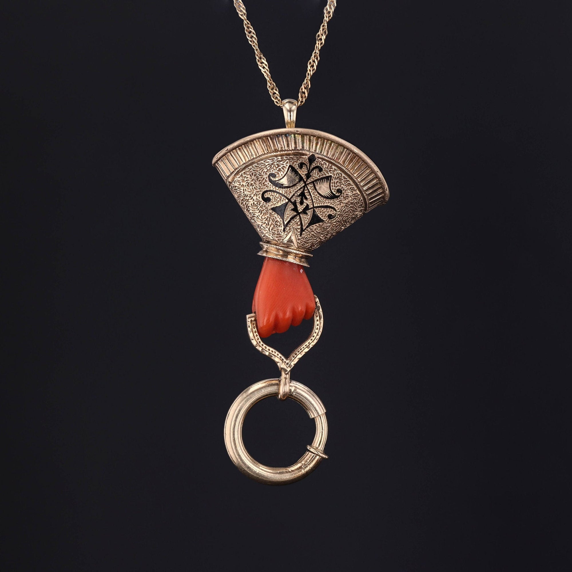 Antique Coral Hand Charm Holder Pendant of 14k Gold