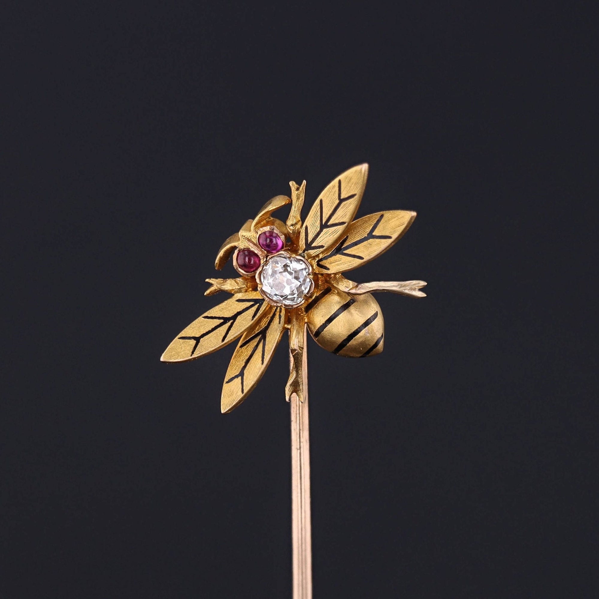 Antique Diamond and Ruby Bee Stickpin of 14k Gold