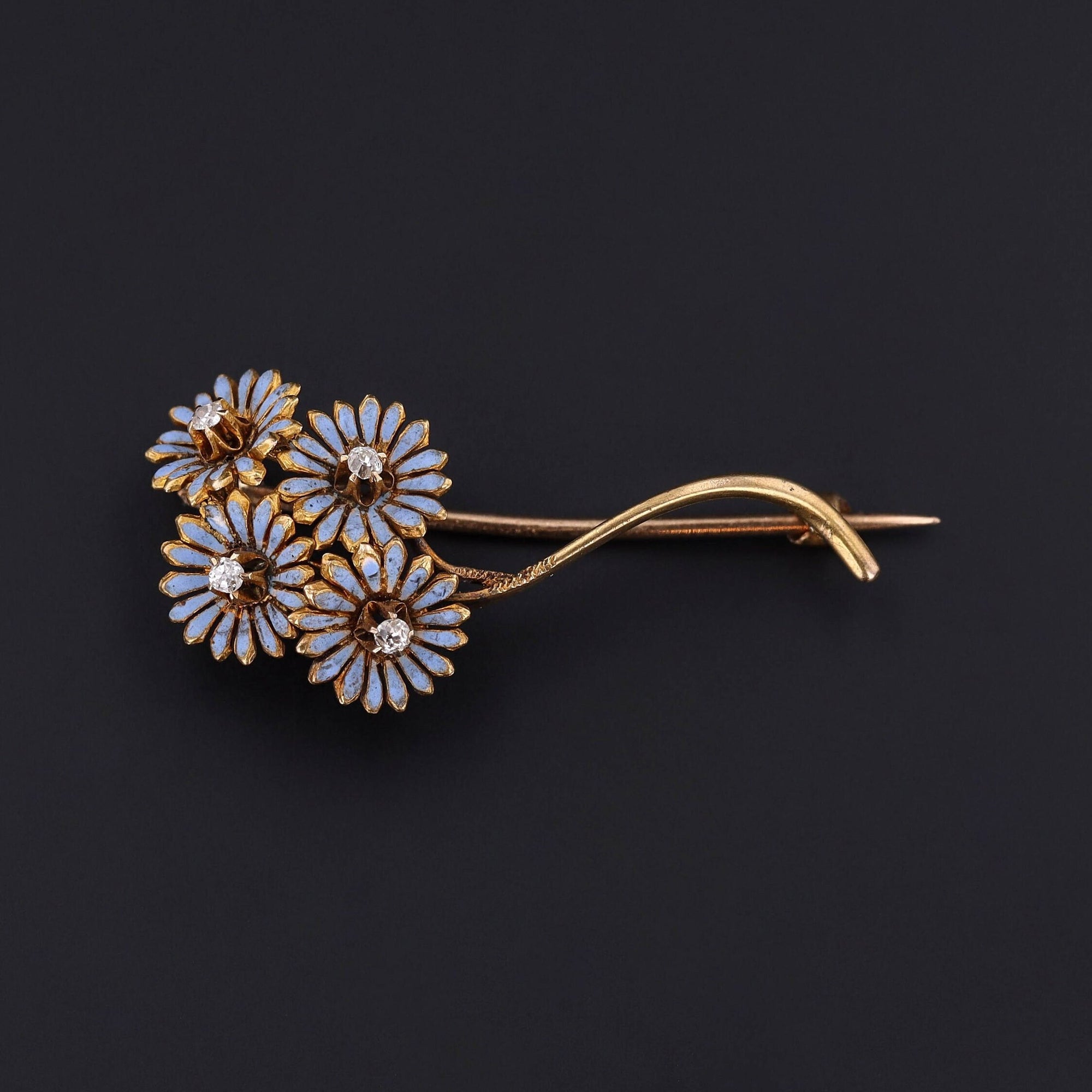 Antique Enamel and Diamond Daisy Brooch of 14k Gold